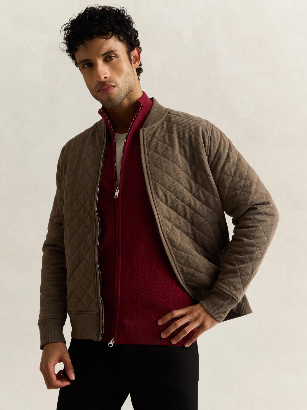 Gant Men Dark Maroon Textured Regular Fit Herringbone Sweater
