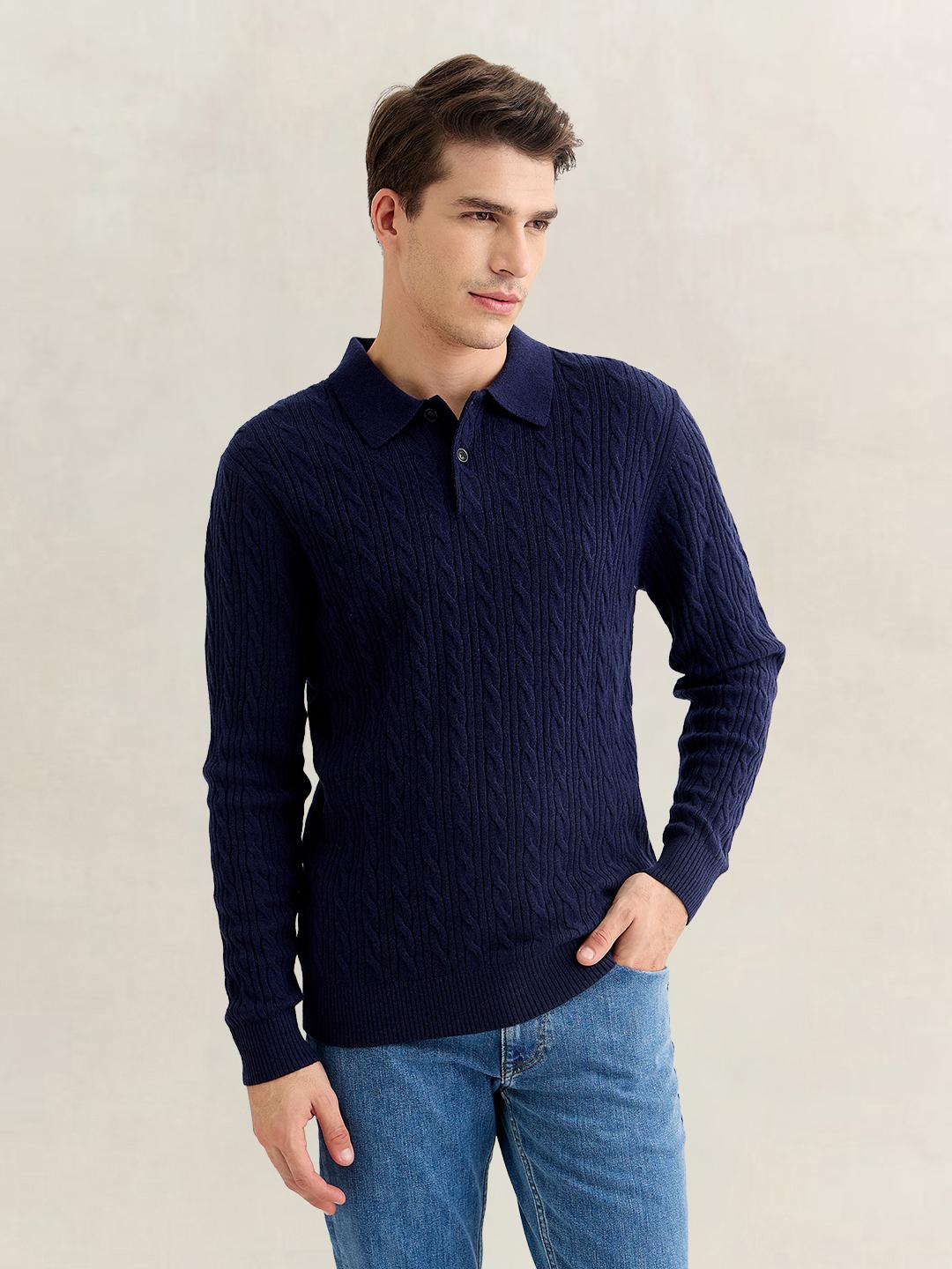 Gant Men Navy Blue Regular Fit Cashmere Sweater