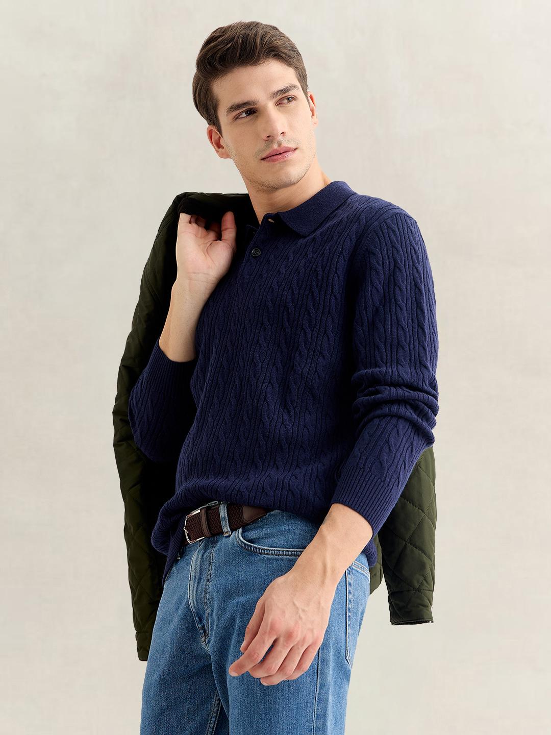 Gant Men Navy Blue Regular Fit Cashmere Sweater