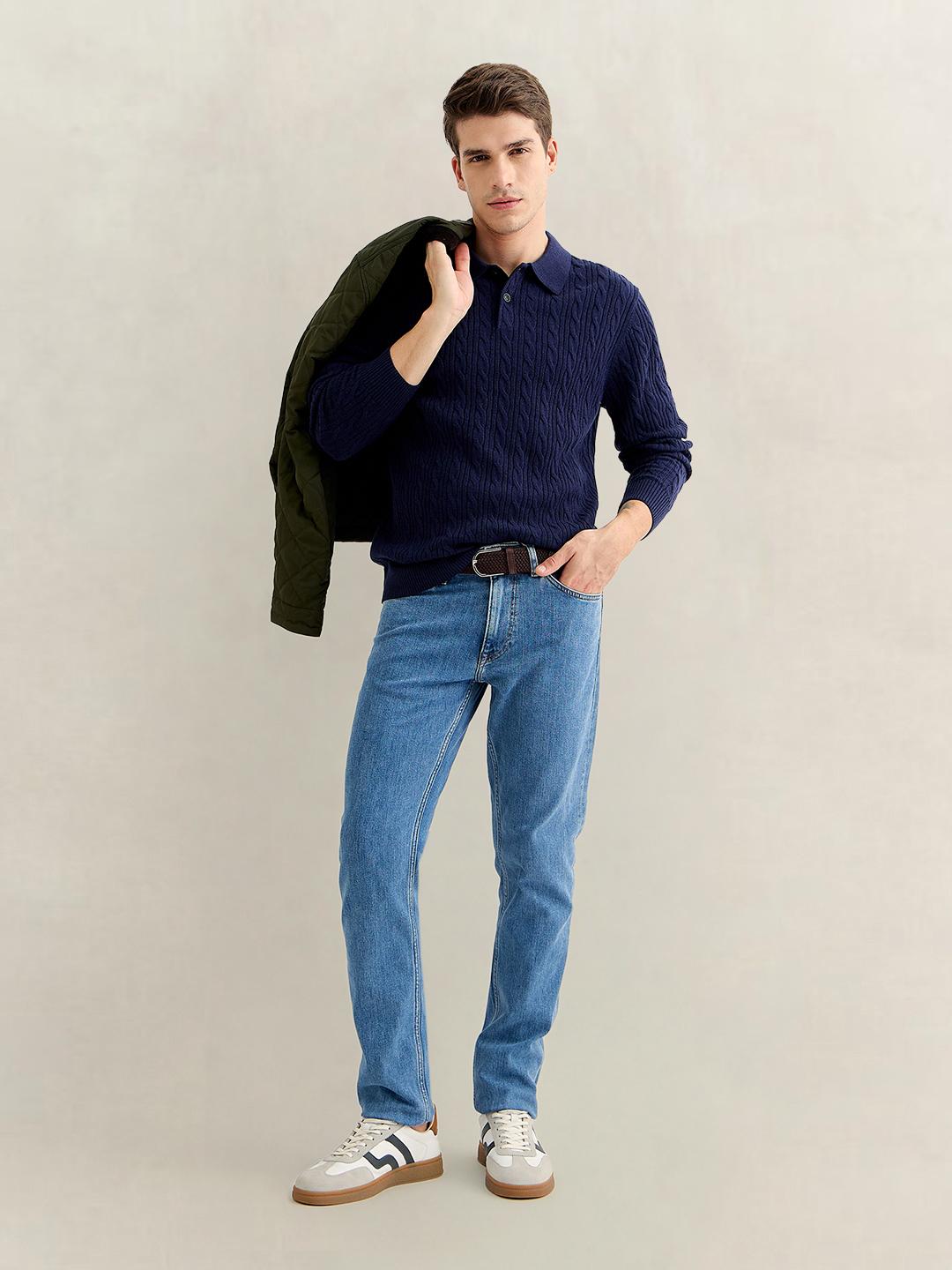 Gant Men Navy Blue Regular Fit Cashmere Sweater