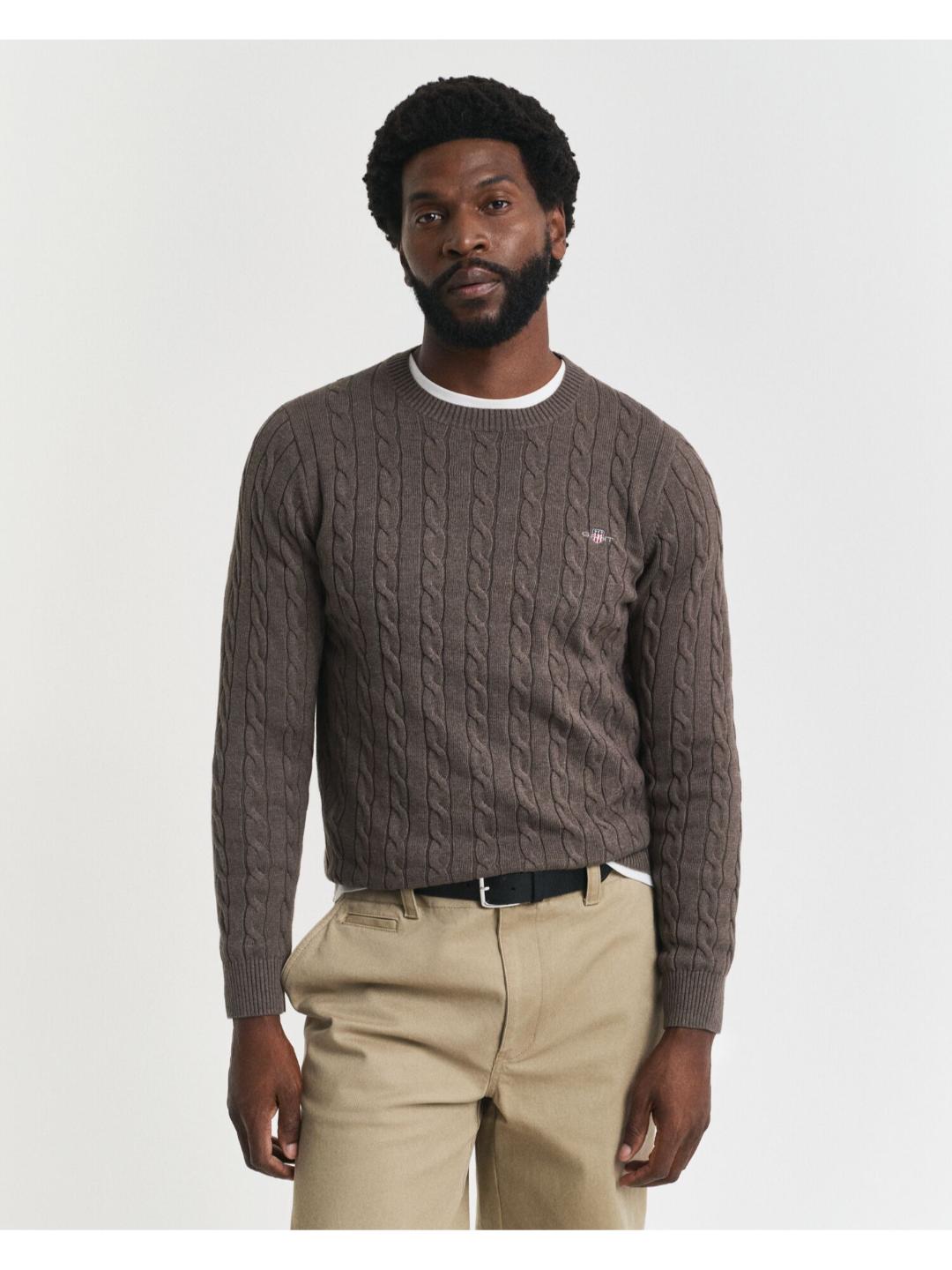 Gant Men Brown Cable Knit Regular Fit Cotton Sweater