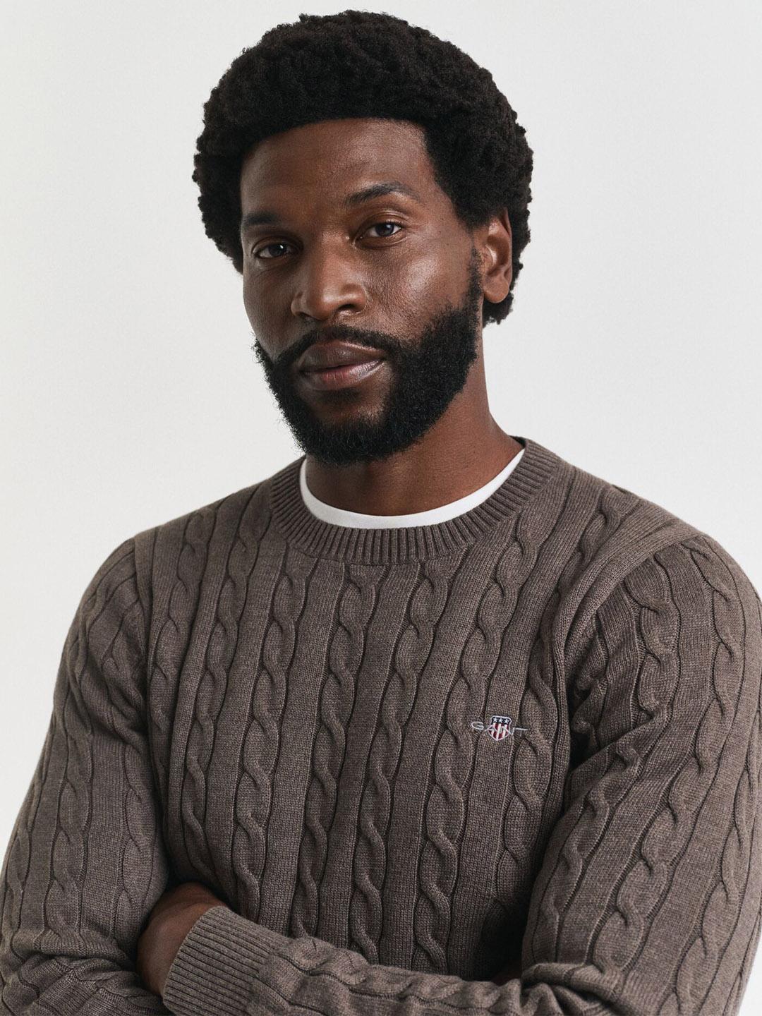 Gant Men Brown Cable Knit Regular Fit Cotton Sweater
