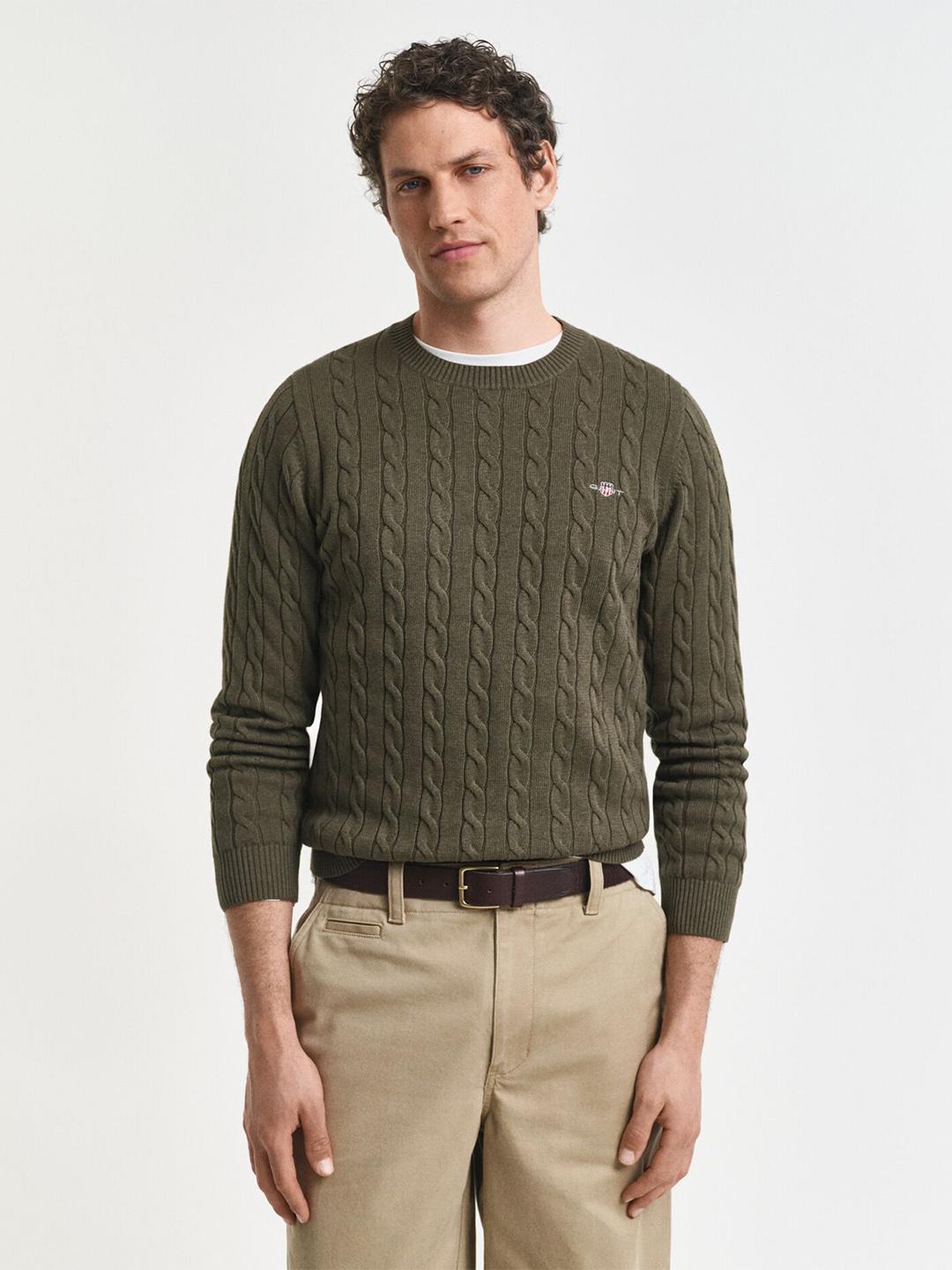 Gant Men Green Cable Knit Regular Fit Cotton Sweater