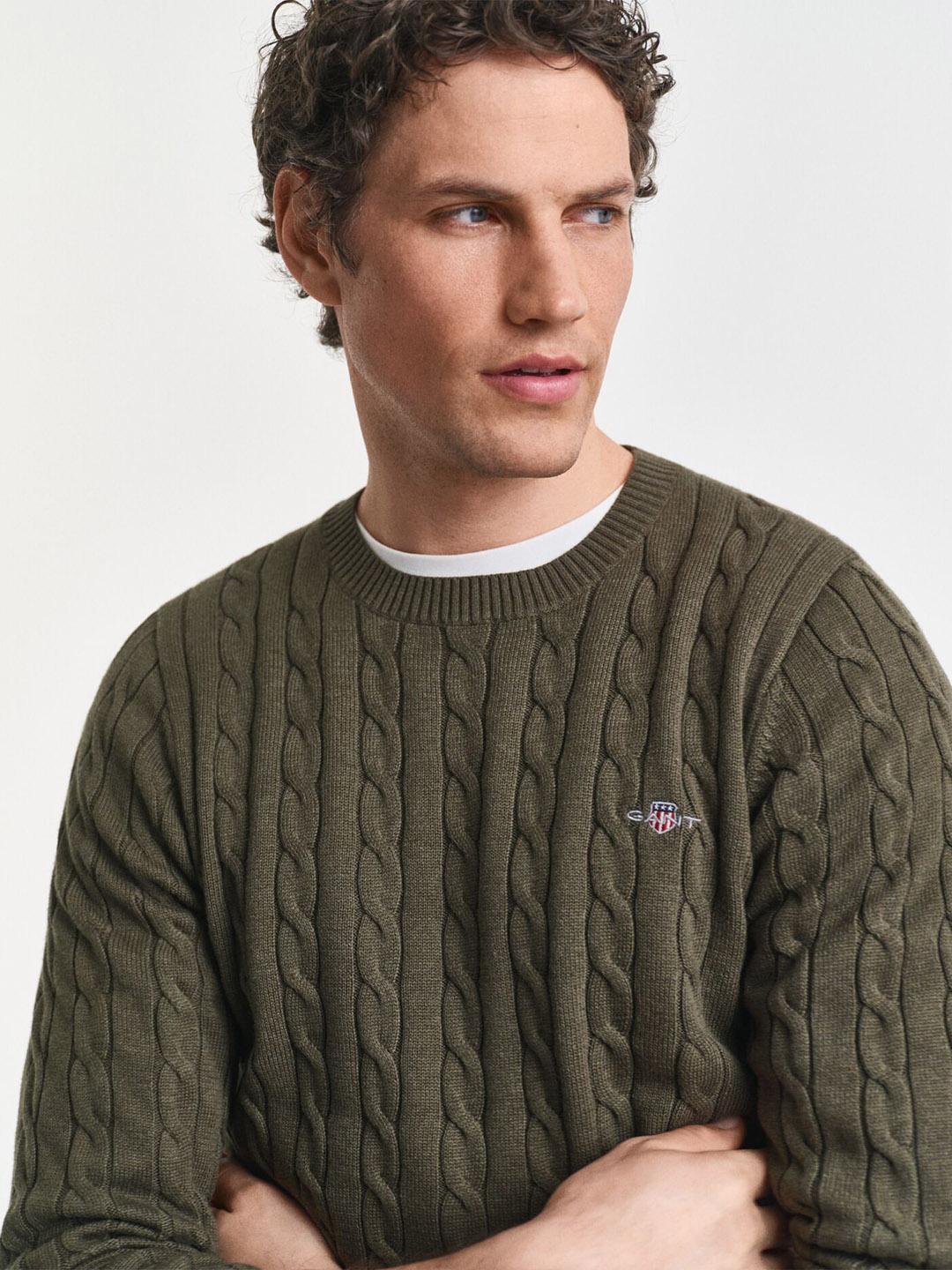Gant Men Green Cable Knit Regular Fit Cotton Sweater