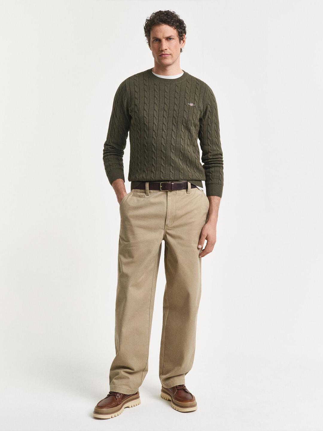 Gant Men Green Cable Knit Regular Fit Cotton Sweater