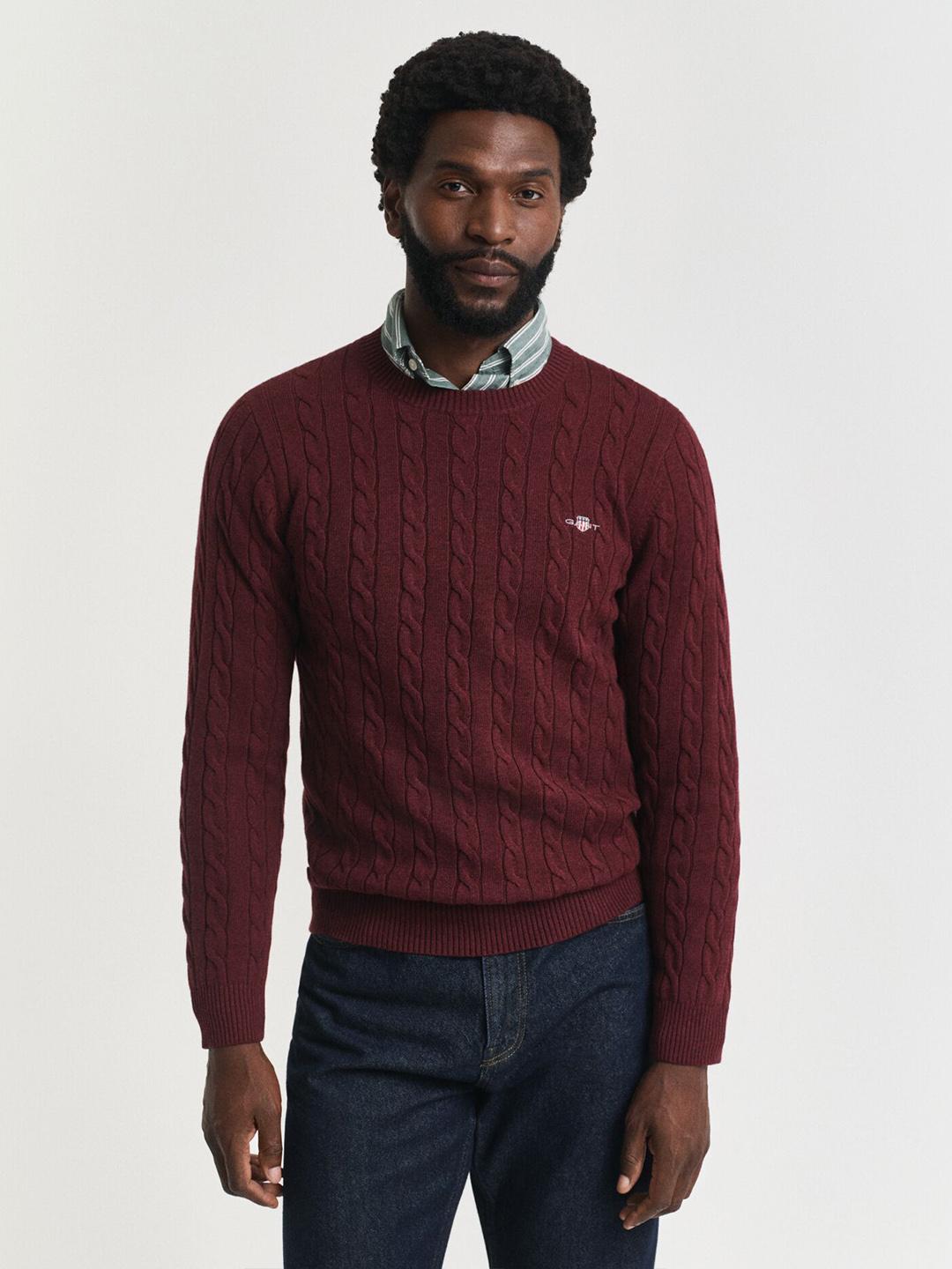 Gant Men Wine Cable Knit Regular Fit Cotton Sweater