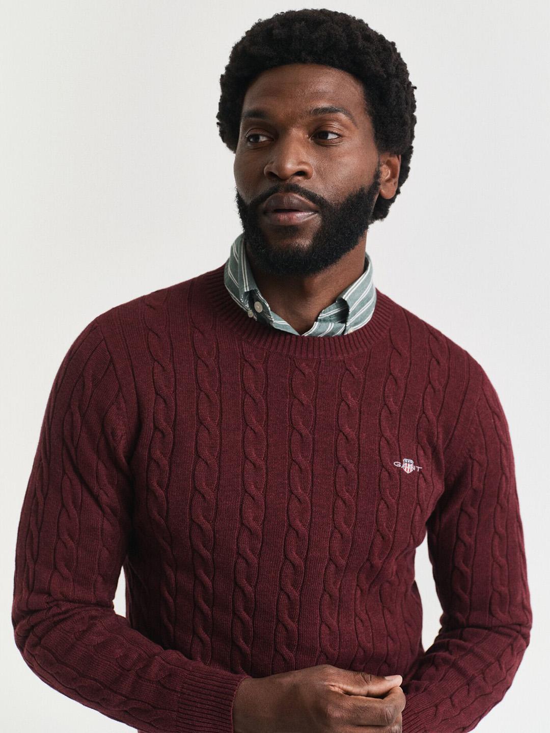 Gant Men Wine Cable Knit Regular Fit Cotton Sweater