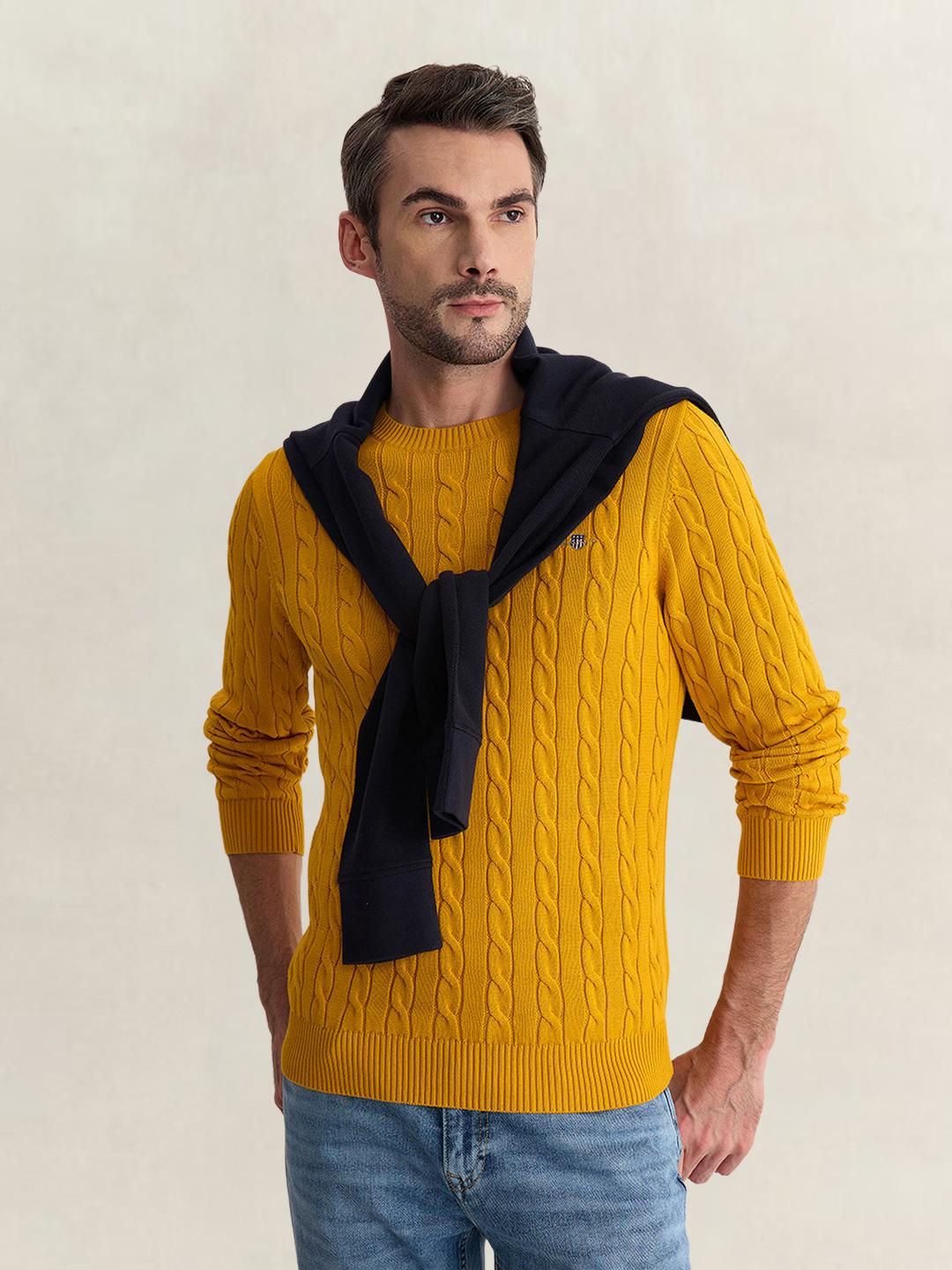 Gant Men Yellow Regular Fit Woven Design Organic Cotton Sweater