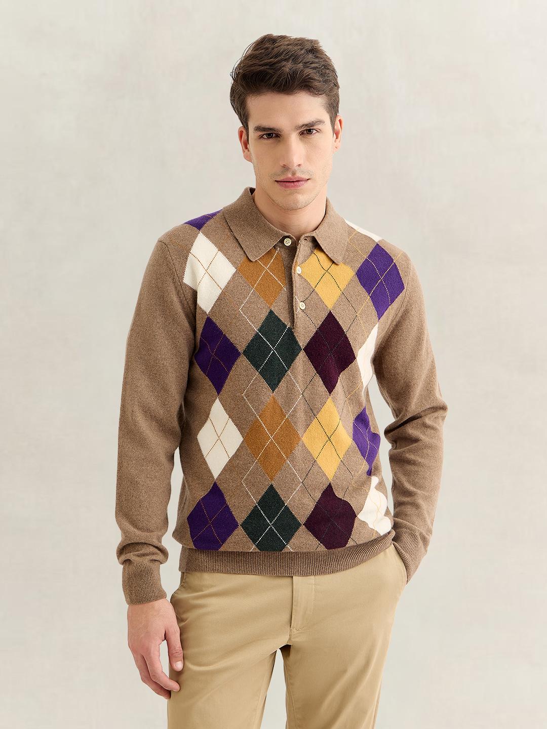 Gant Men Brown Regular Fit Argyle Lambswool Sweater