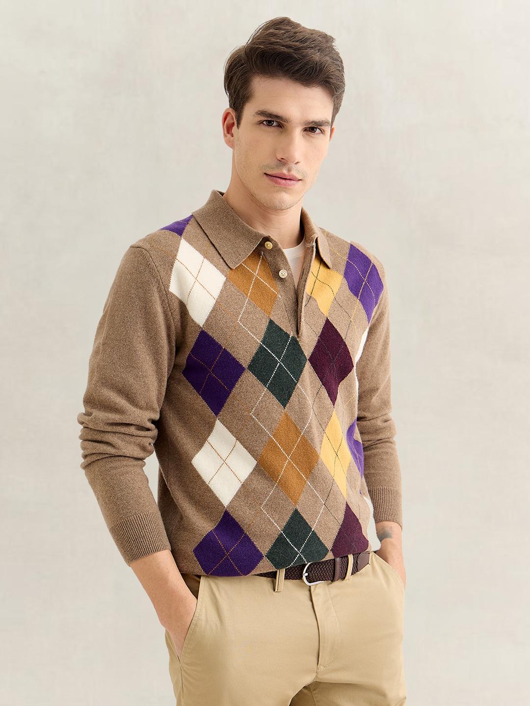 Gant Men Brown Regular Fit Argyle Lambswool Sweater