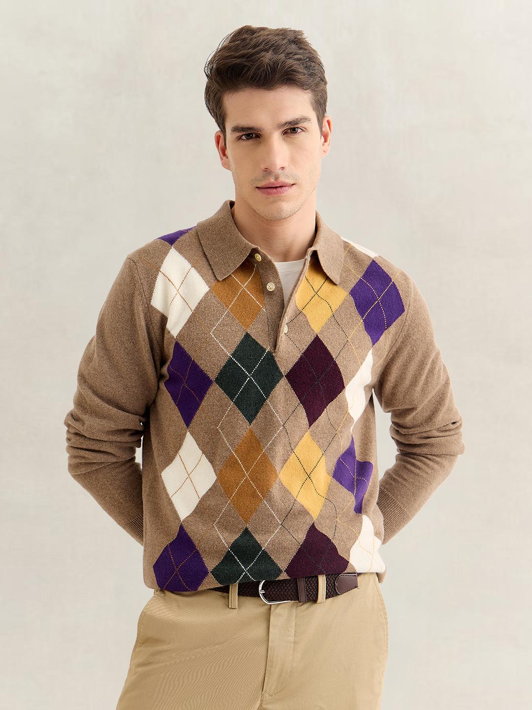 Gant Men Brown Regular Fit Argyle Lambswool Sweater