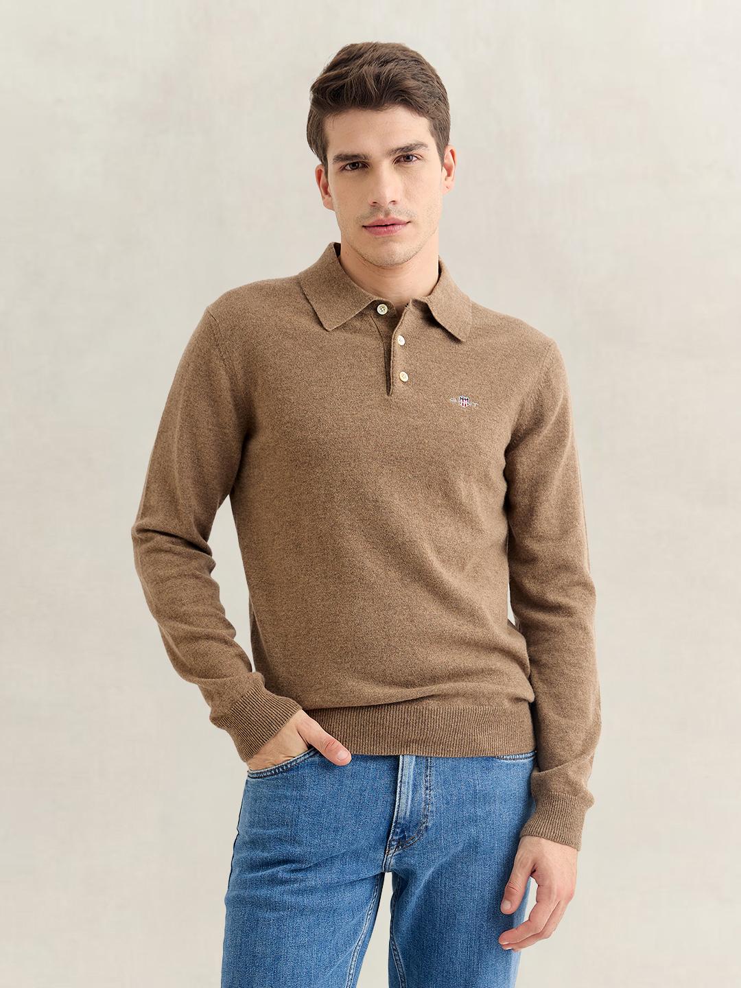 Gant Men Brown Regular Fit Solid Lambswool Sweater