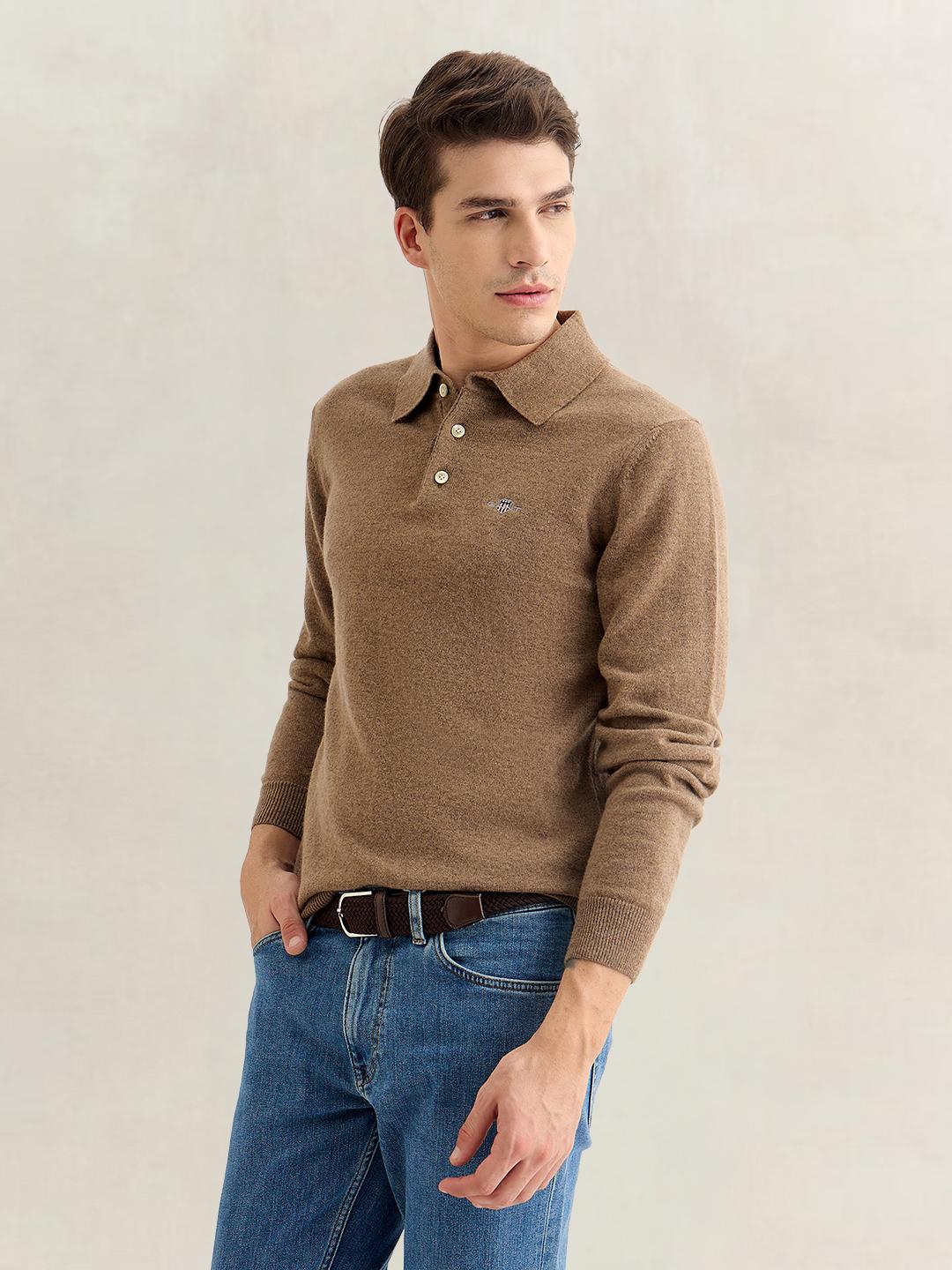 Gant Men Brown Regular Fit Solid Lambswool Sweater