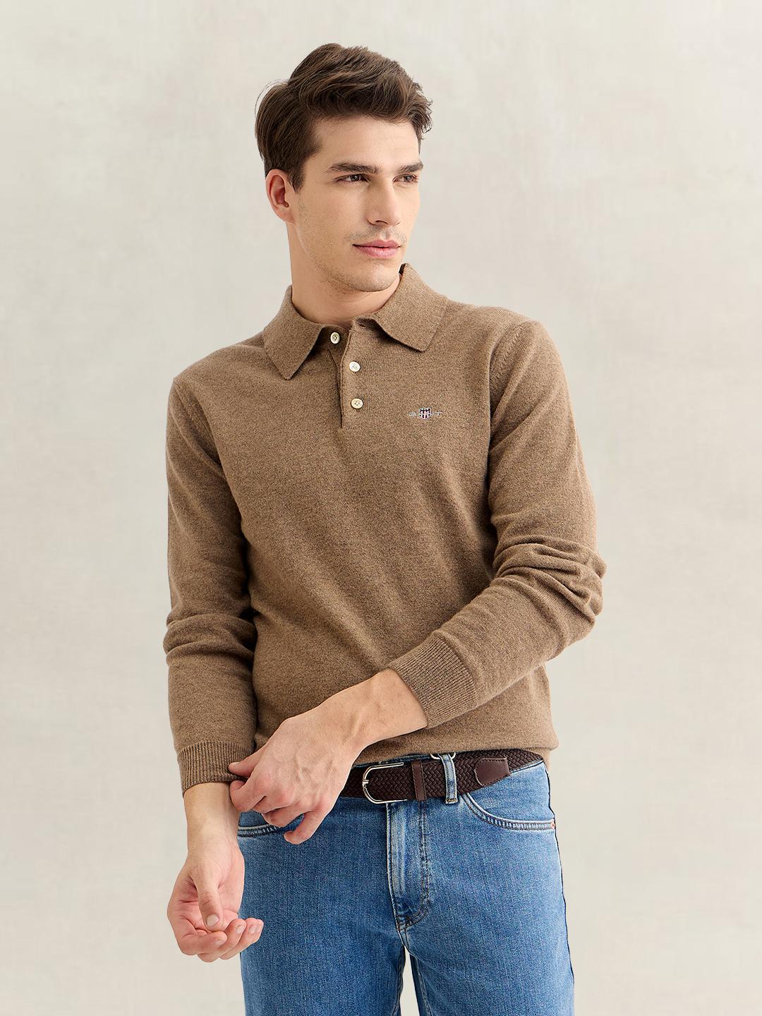 Gant Men Brown Regular Fit Solid Lambswool Sweater