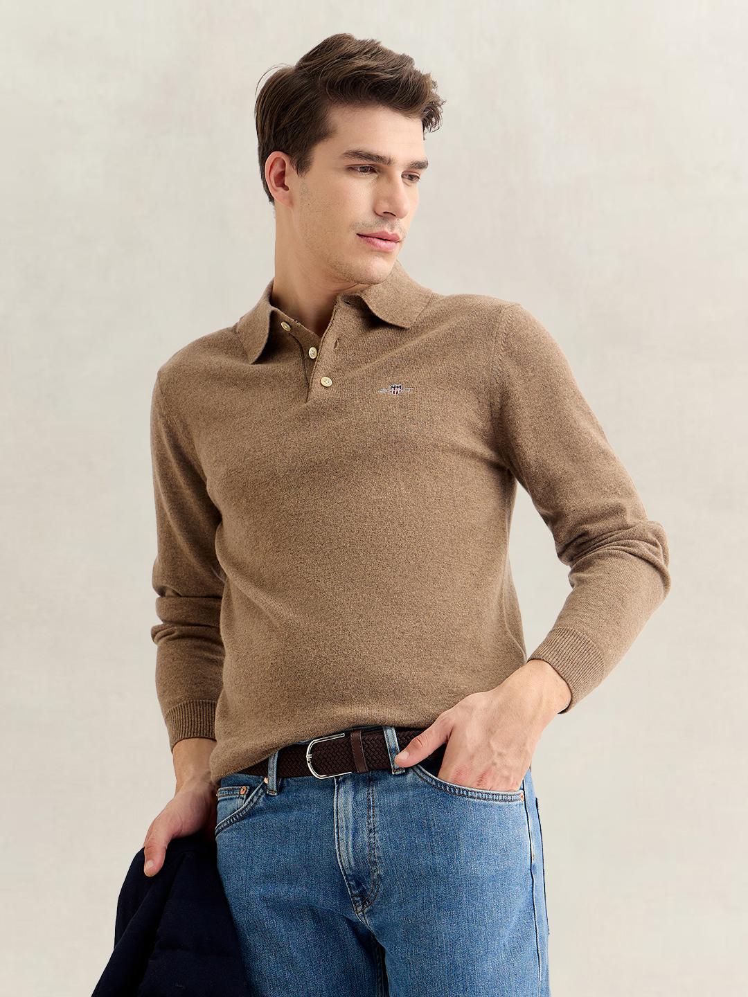 Gant Men Brown Regular Fit Solid Lambswool Sweater