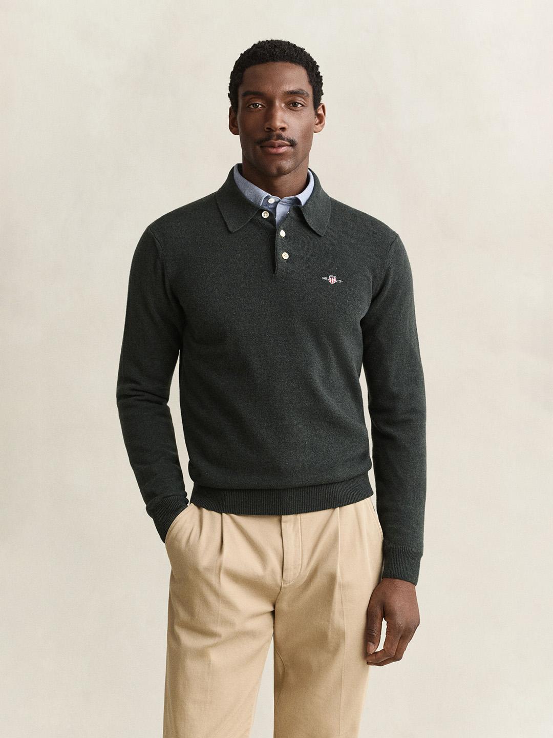 Gant Men Green Regular Fit Solid Lambswool Sweater