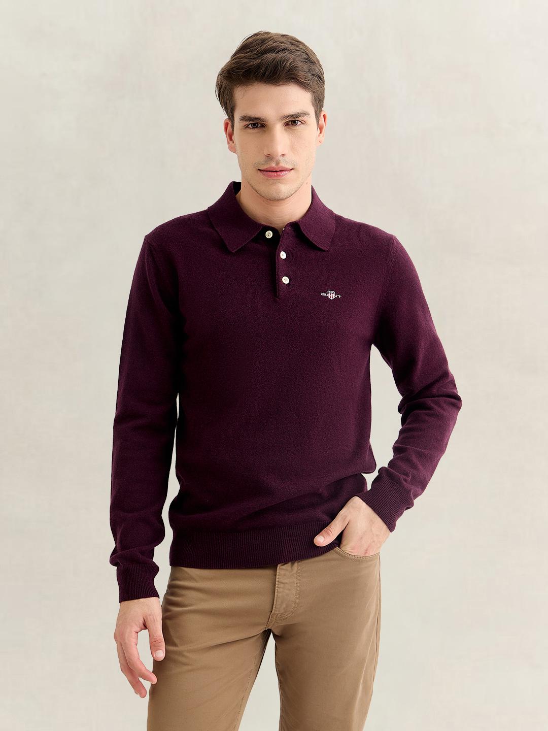 Gant Men Wine Regular Fit Solid Lambswool Sweater