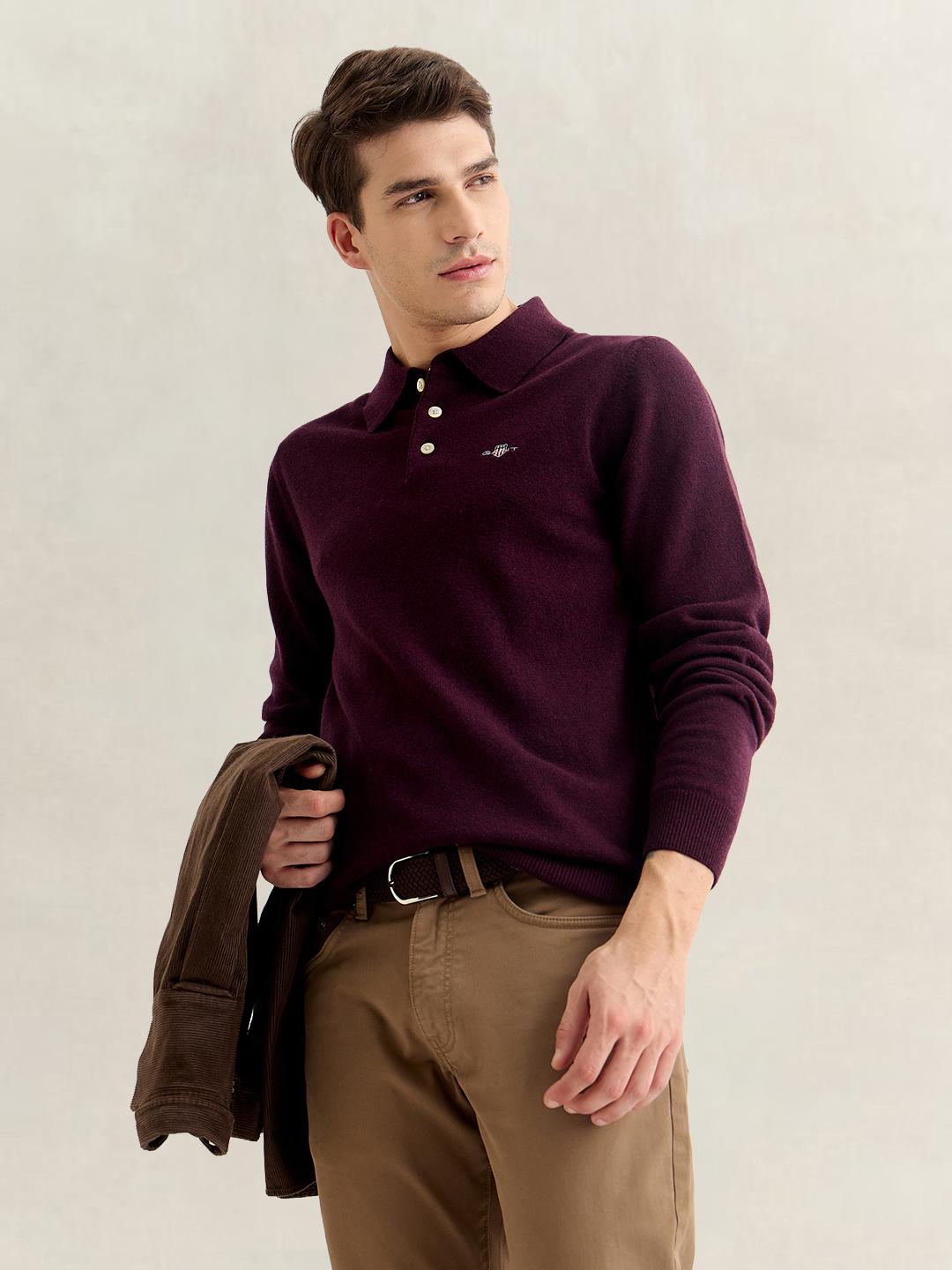 Gant Men Wine Regular Fit Solid Lambswool Sweater
