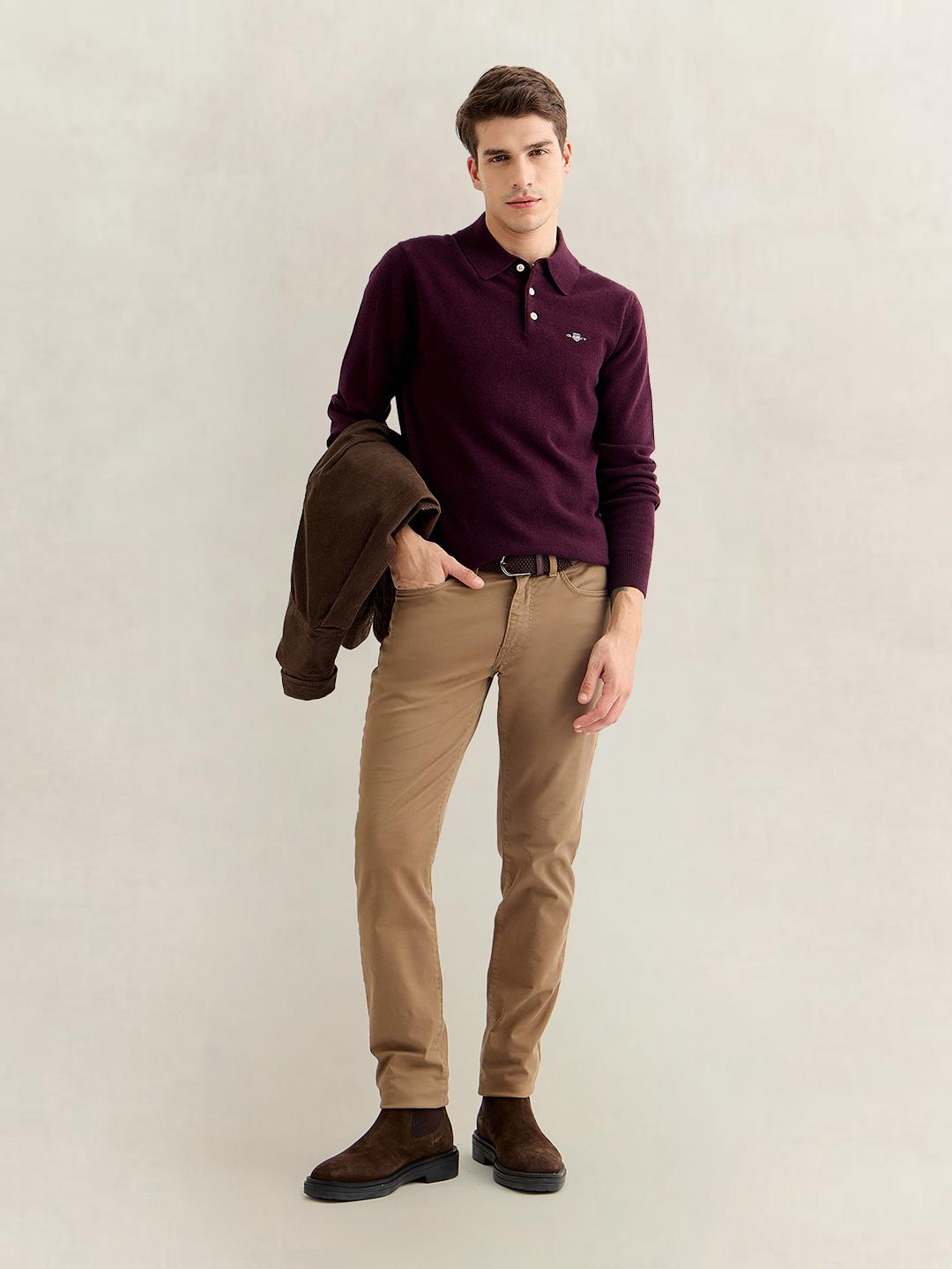Gant Men Wine Regular Fit Solid Lambswool Sweater