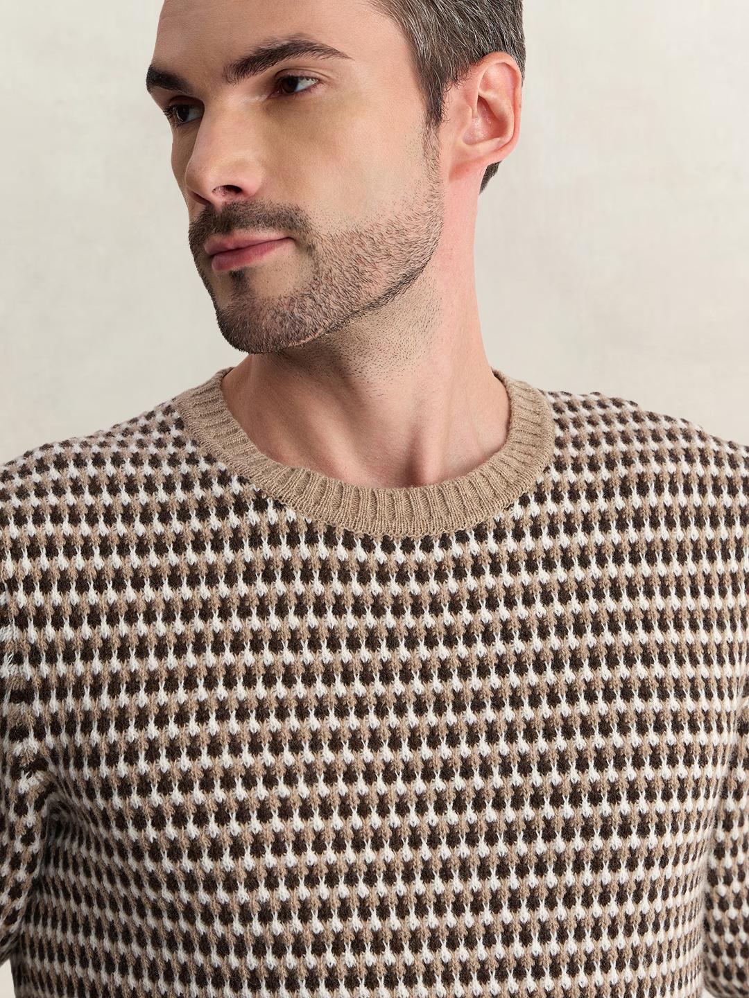 Gant Men Beige Regular Fit Woven Design Wool Blend Sweater