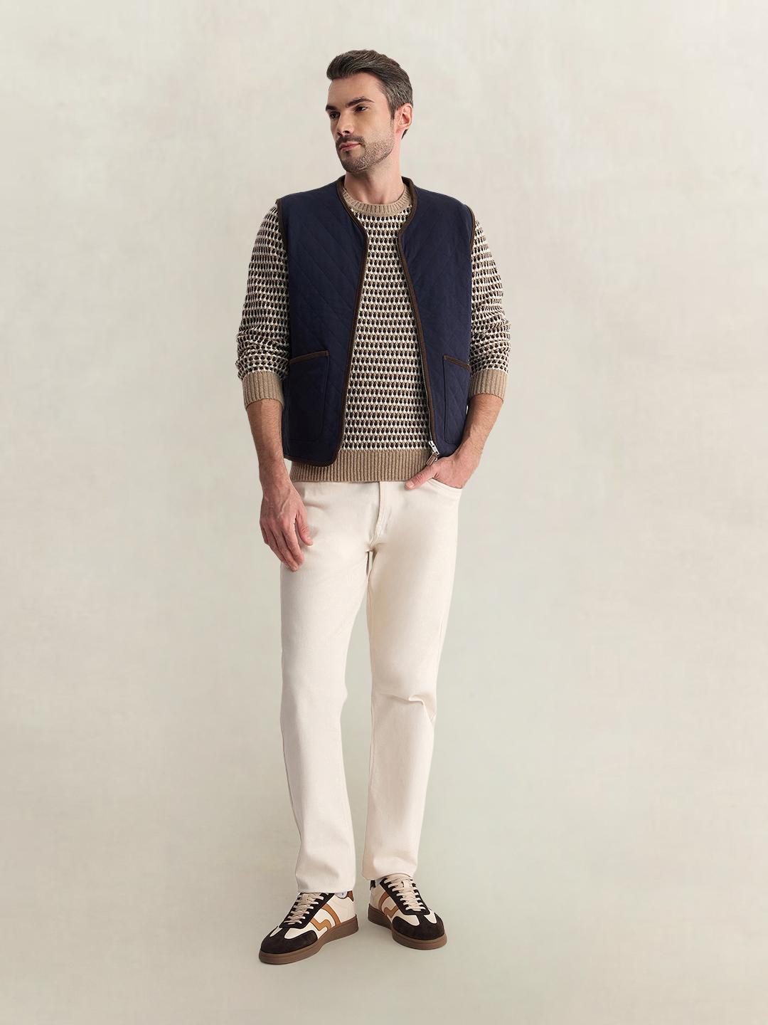 Gant Men Beige Regular Fit Woven Design Wool Blend Sweater