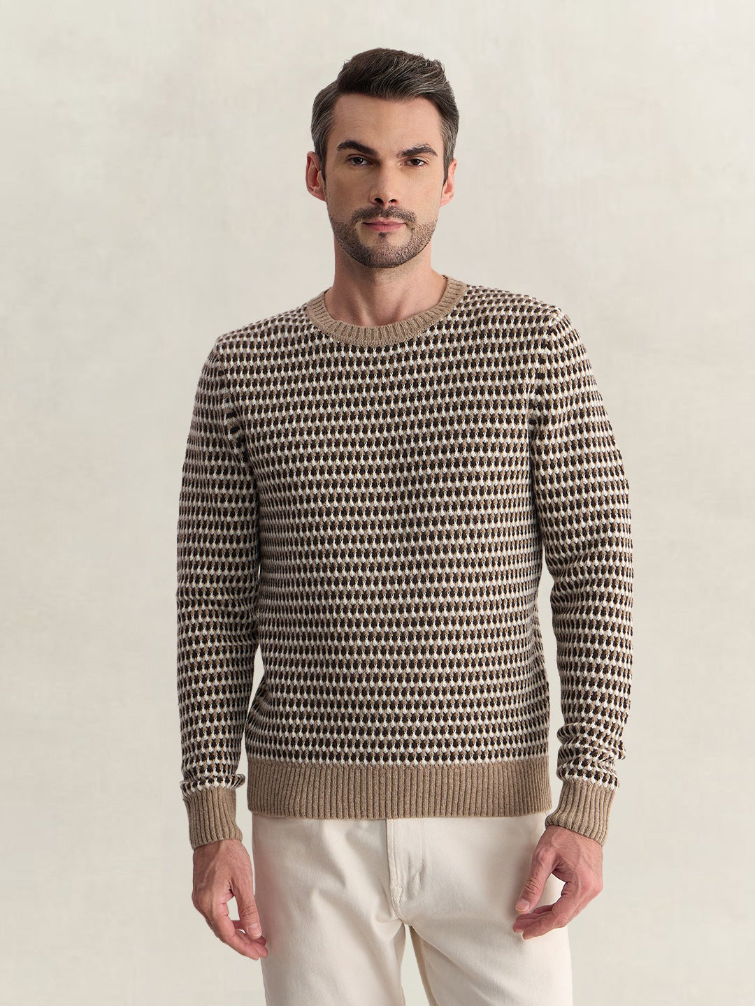 Gant Men Beige Regular Fit Woven Design Wool Blend Sweater