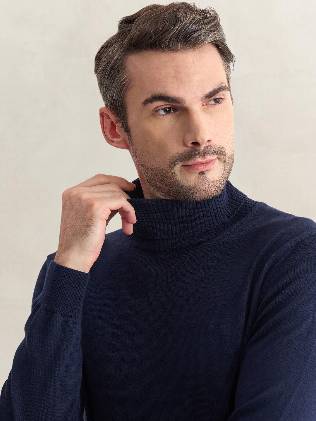 Gant Men Blue Regular Fit Solid Cotton Blend Sweater