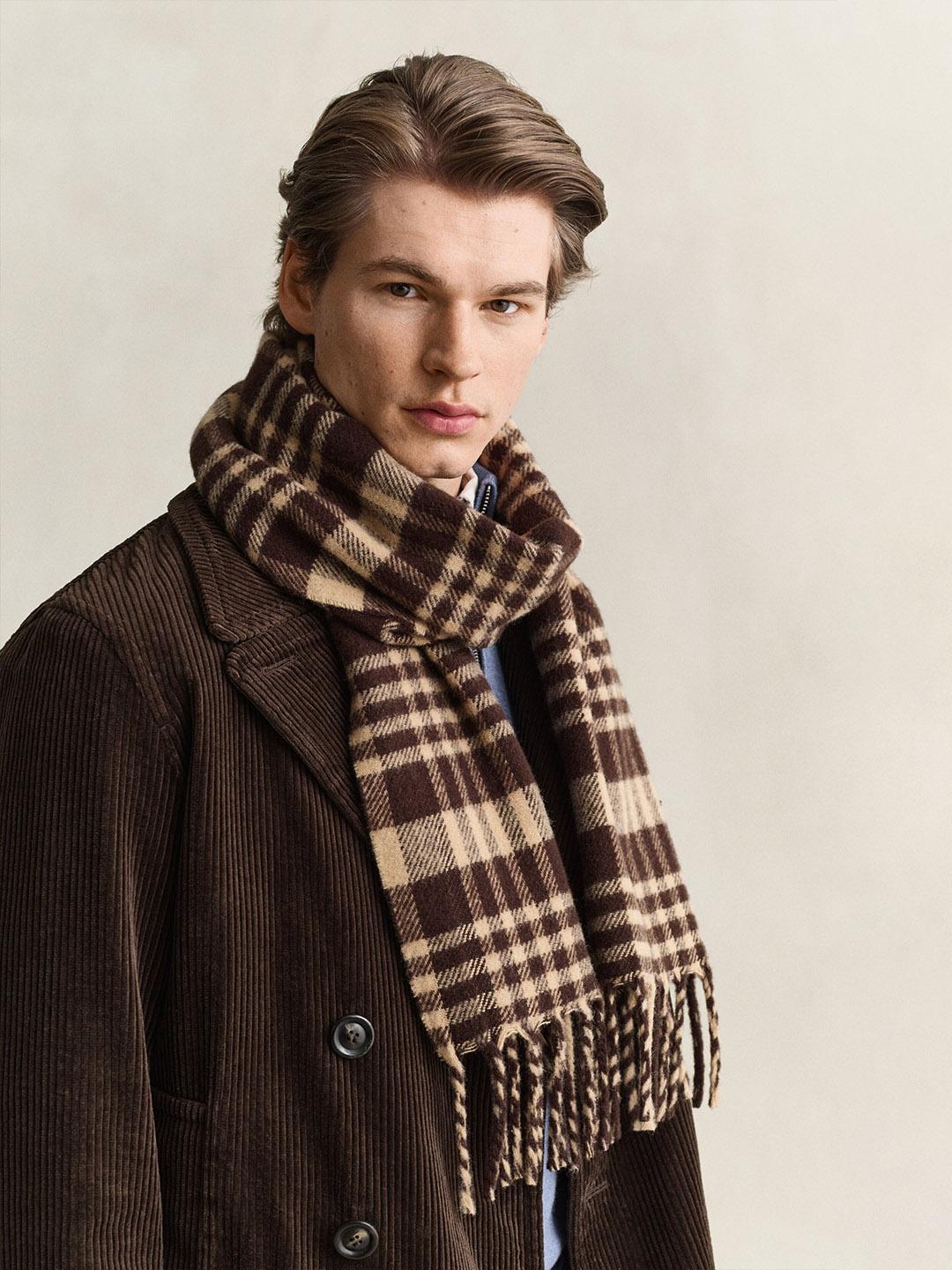 Gant Men Brown Checked Lambswool Scarf
