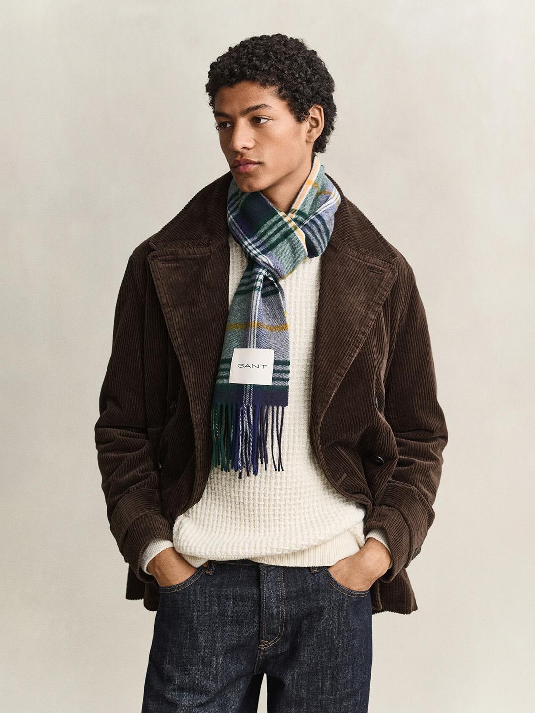 Gant Men Blue Checked Merinowool Scarf