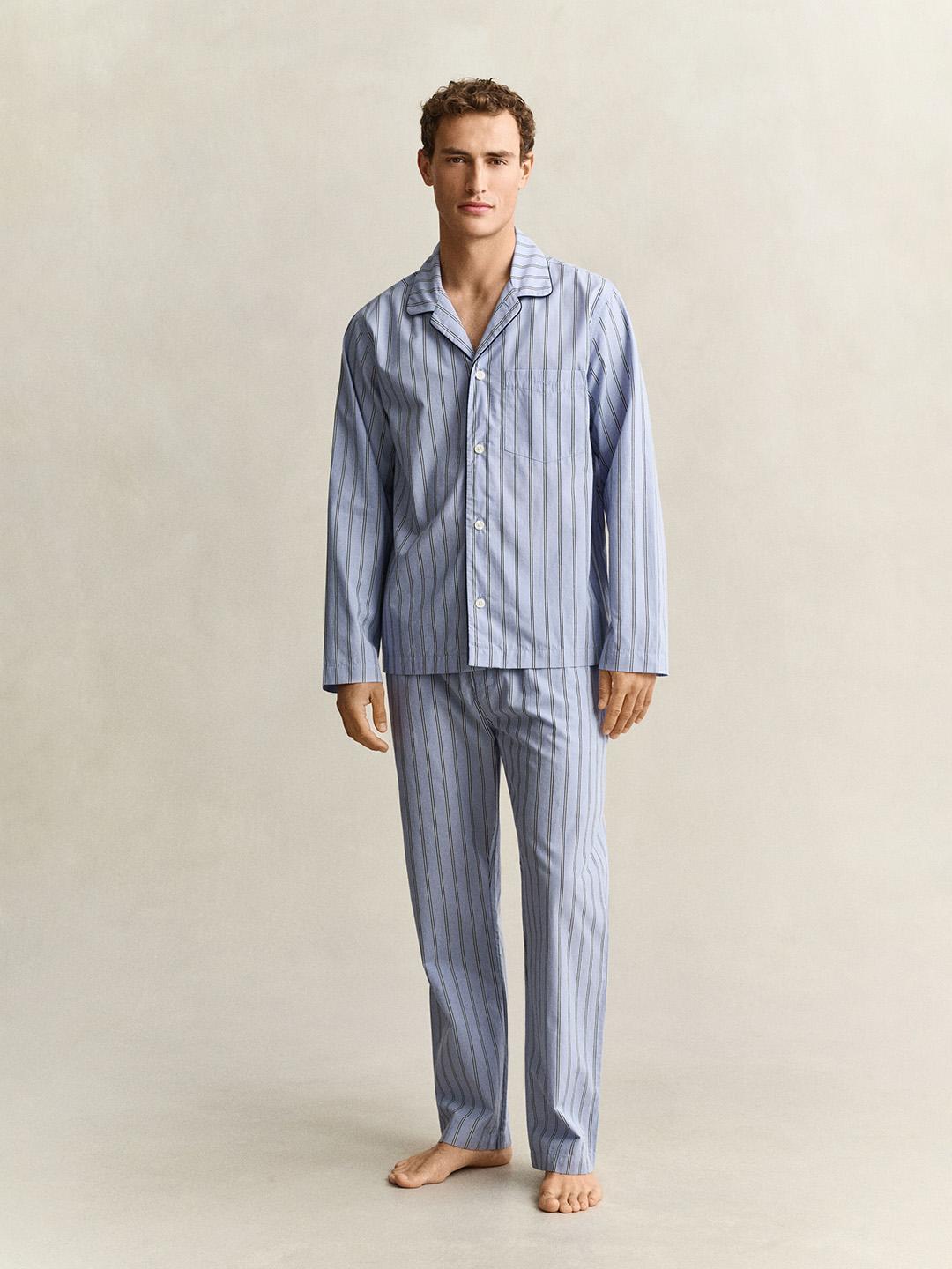 Gant Men Blue Regular Fit Striped Poplin Pyjama Set