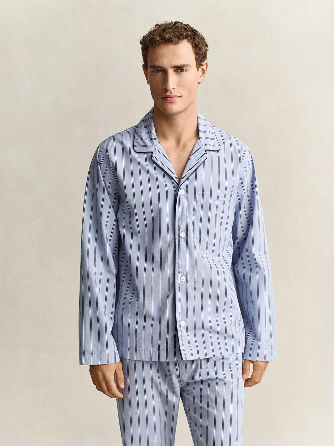 Gant Men Blue Regular Fit Striped Poplin Pyjama Set