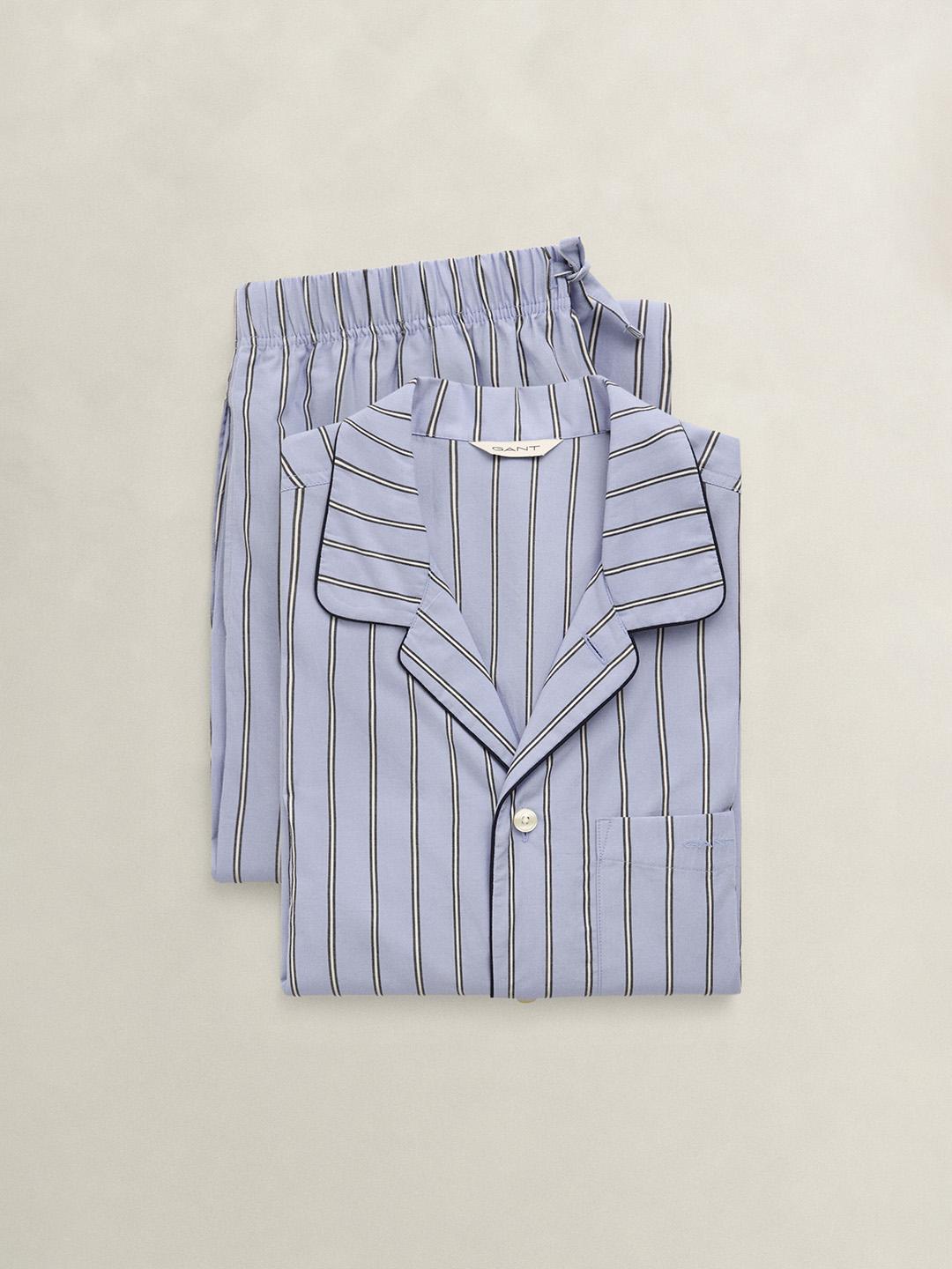 Gant Men Blue Regular Fit Striped Poplin Pyjama Set