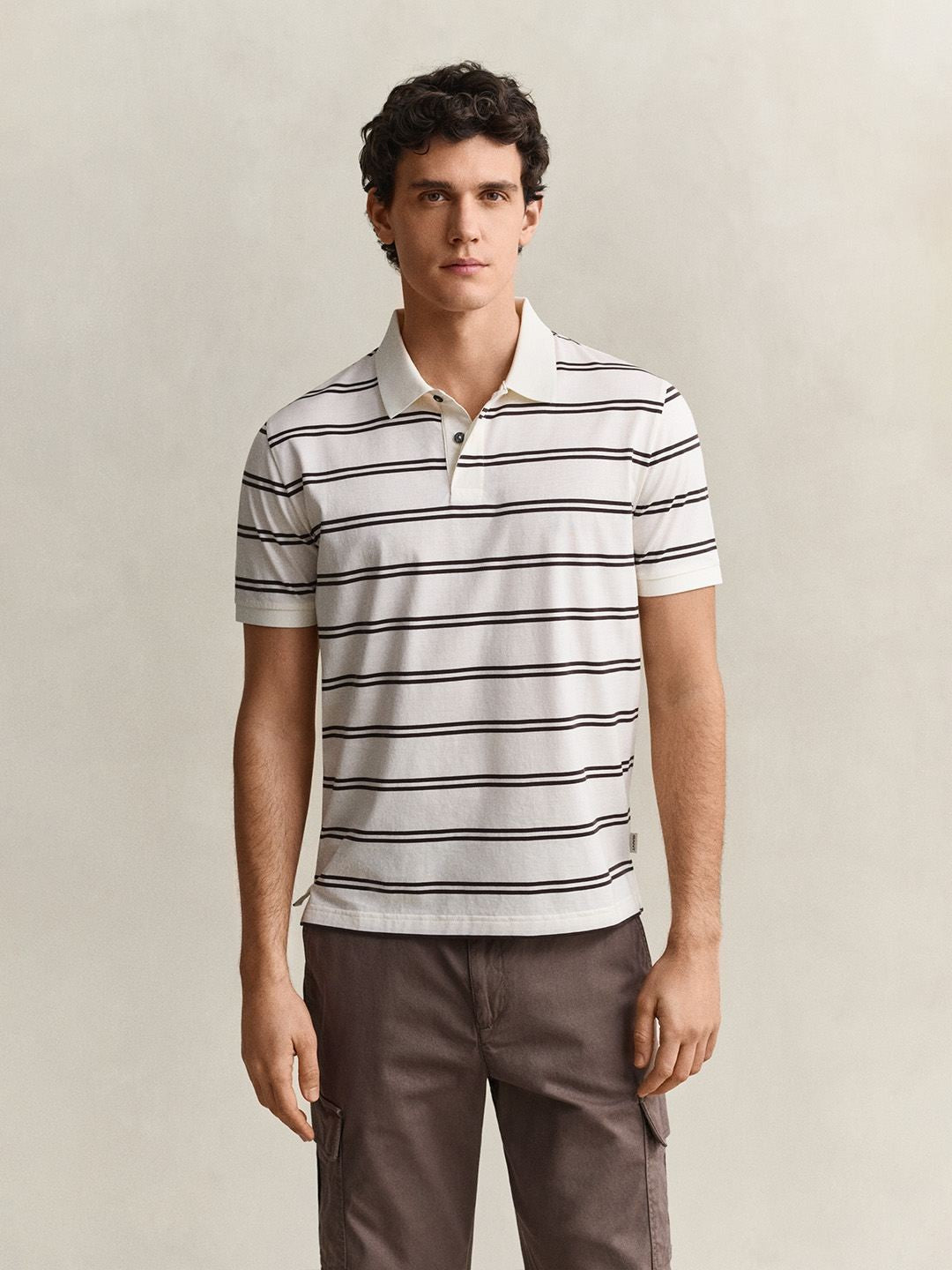 Gant Men Cream Striped Regular Fit Pure Cotton Polo T-Shirt