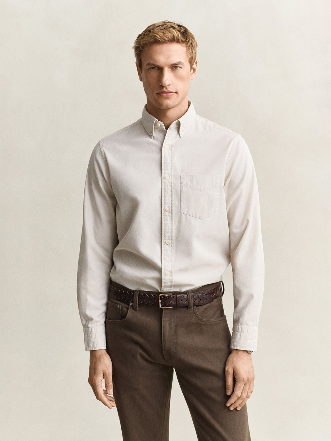 GANT Men Beige Solid Regular Fit Twill Shirt