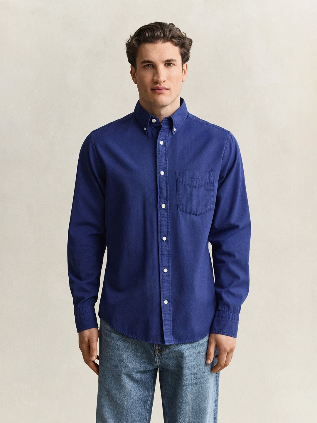 GANT Men Blue Solid Regular Fit Twill Shirt