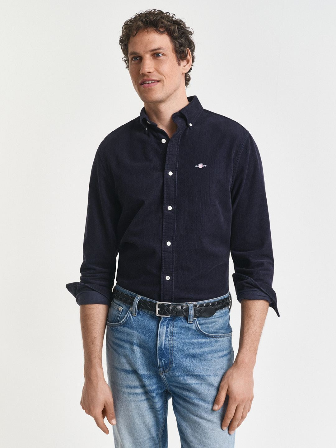 Gant Men Navy Blue Solid Regular Fit Corduroy Shirt