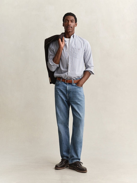 Gant Men Light Blue Striped Regular Fit Poplin Shirt