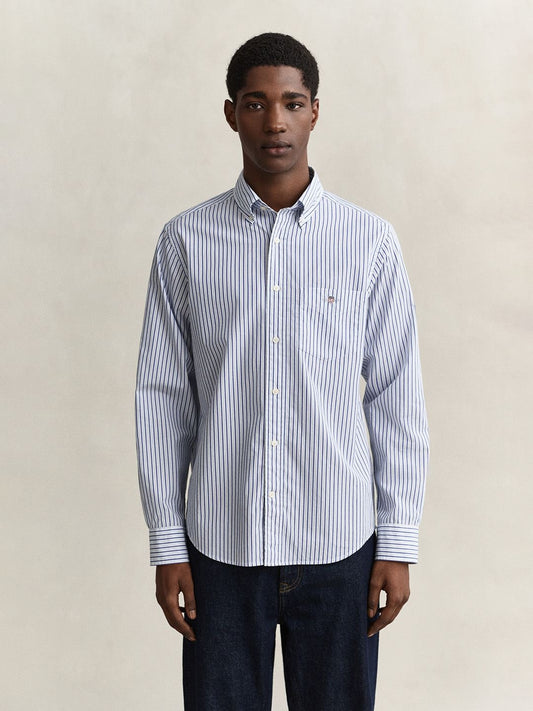 Gant Men Light Blue Striped Regular Fit Poplin Shirt