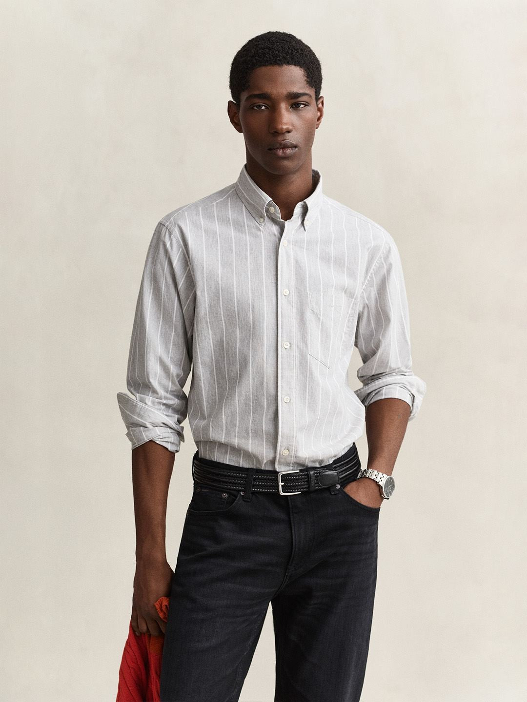 Gant Men Light Grey Striped Regular Fit Poplin Shirt