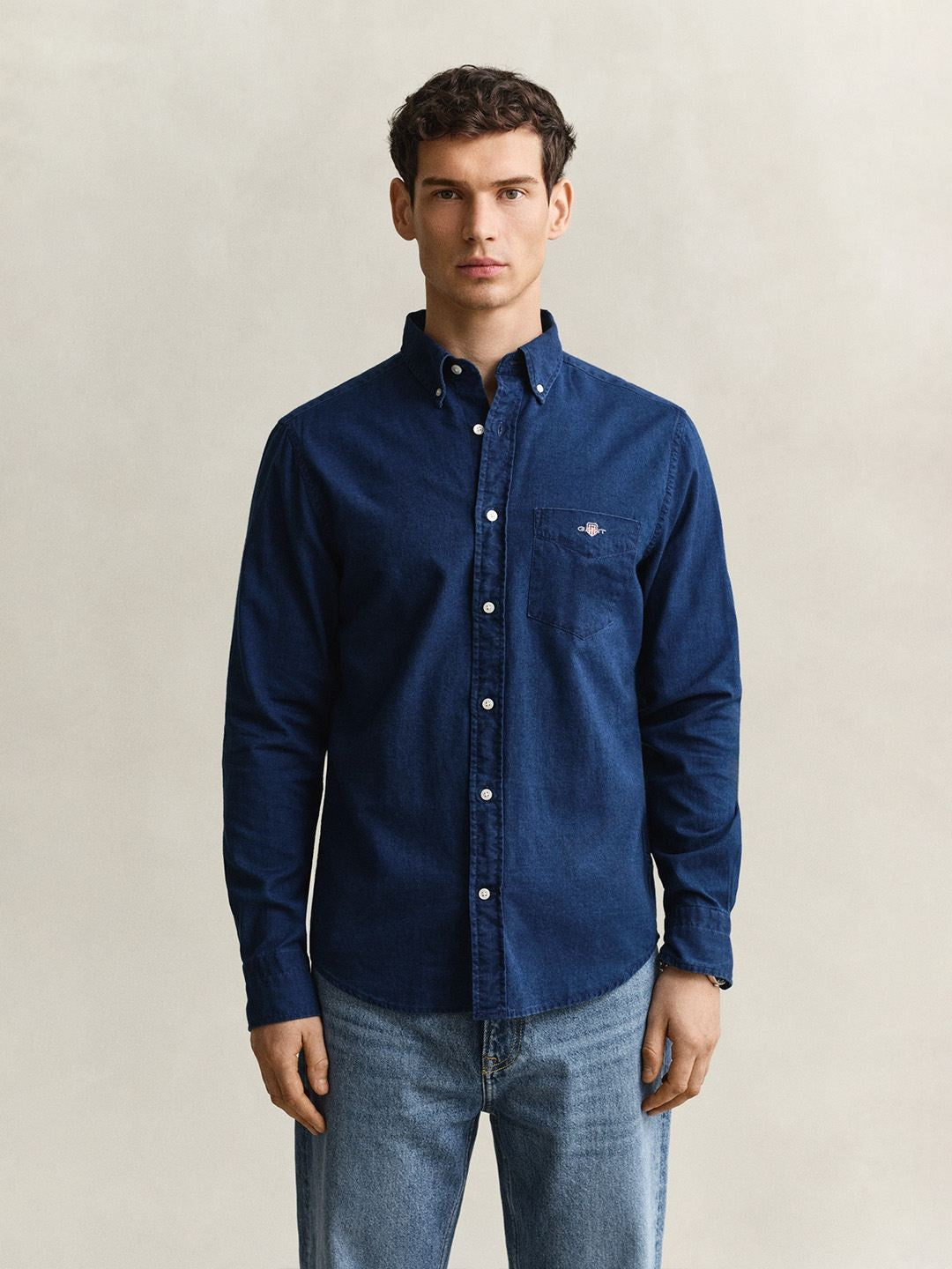 GANT Men Navy Blue Solid Regular Fit Oxford Shirt