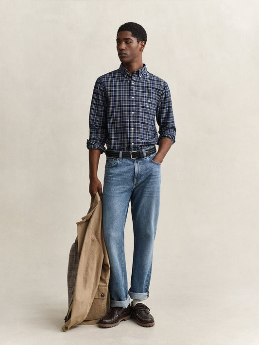 Gant Men Navy Blue Checked Regular Fit Poplin Shirt
