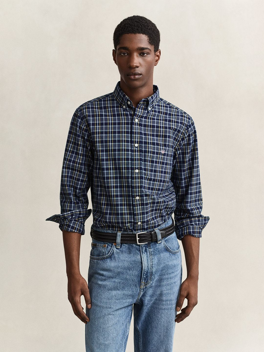 Gant Men Navy Blue Checked Regular Fit Poplin Shirt