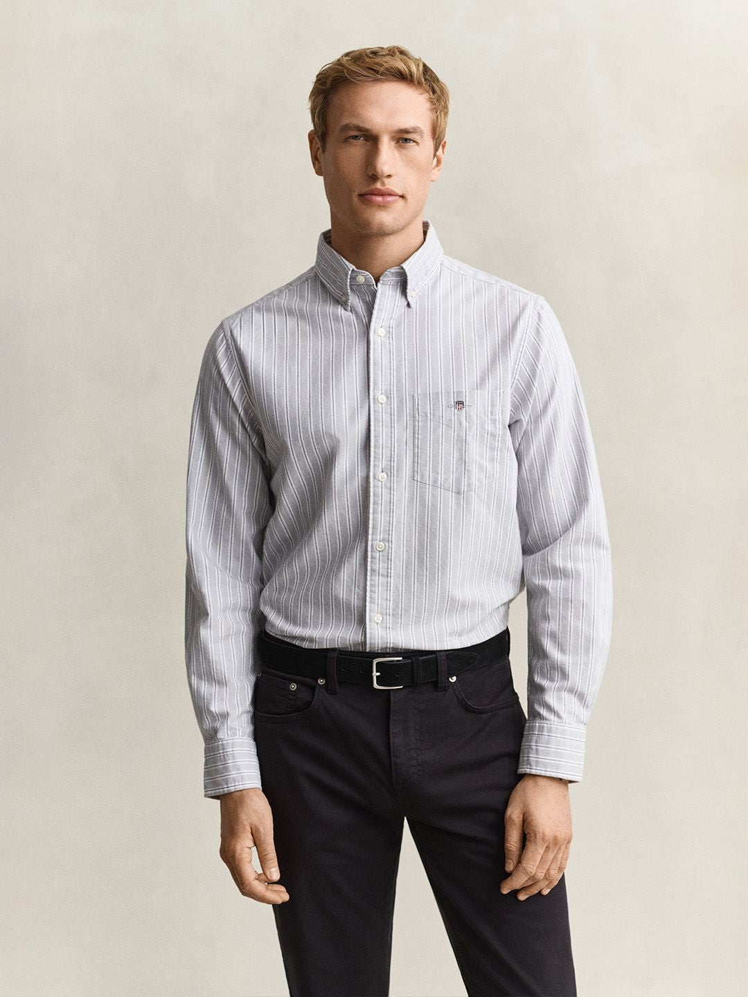 Gant Men Light Grey Striped Regular Fit Classic Oxford Shirt