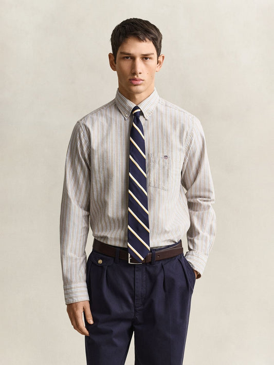 Gant Men Beige Striped Regular Fit Classic Oxford Shirt