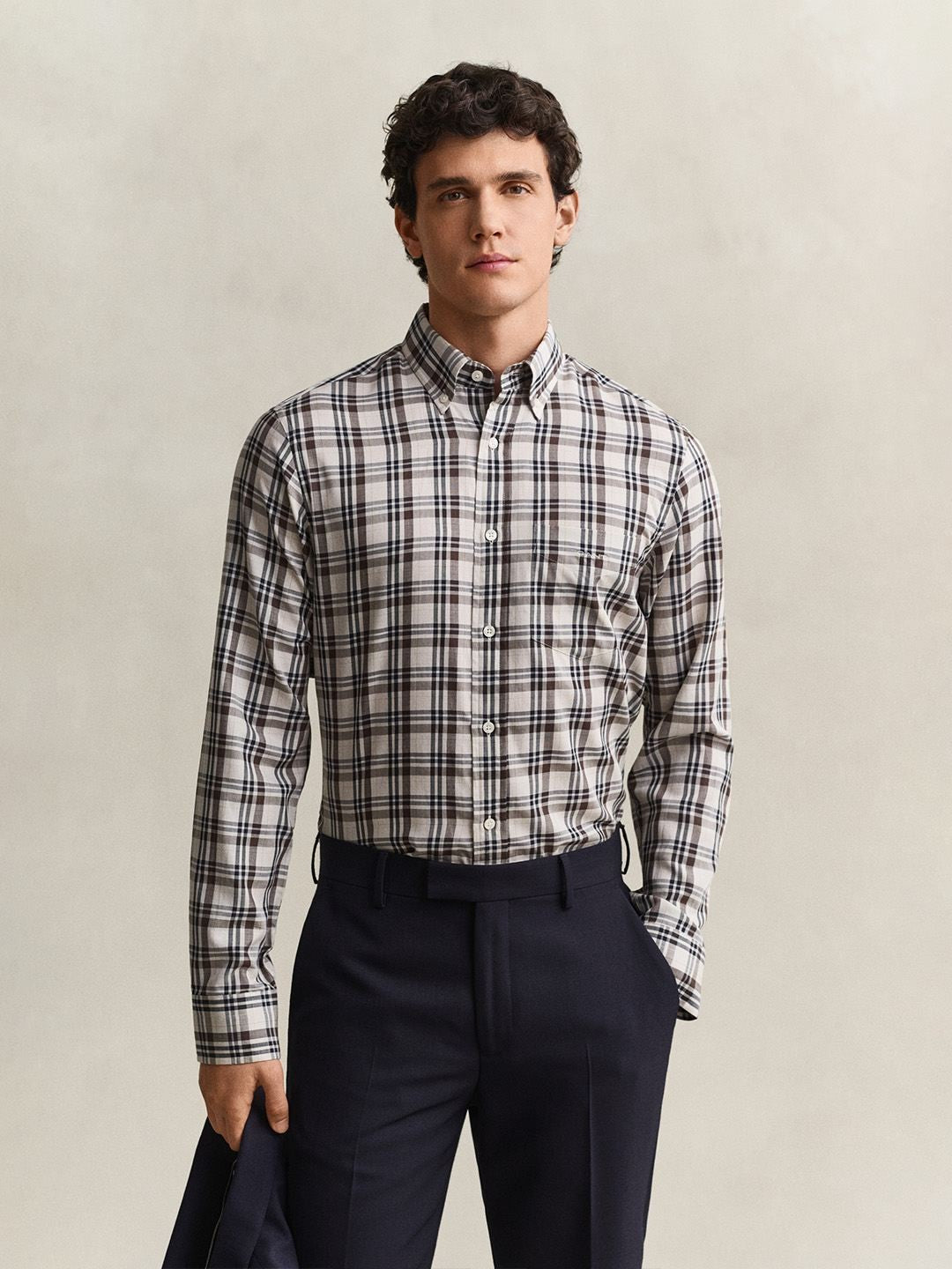 GANT Men Off White Checked Regular Fit Twill Shirt