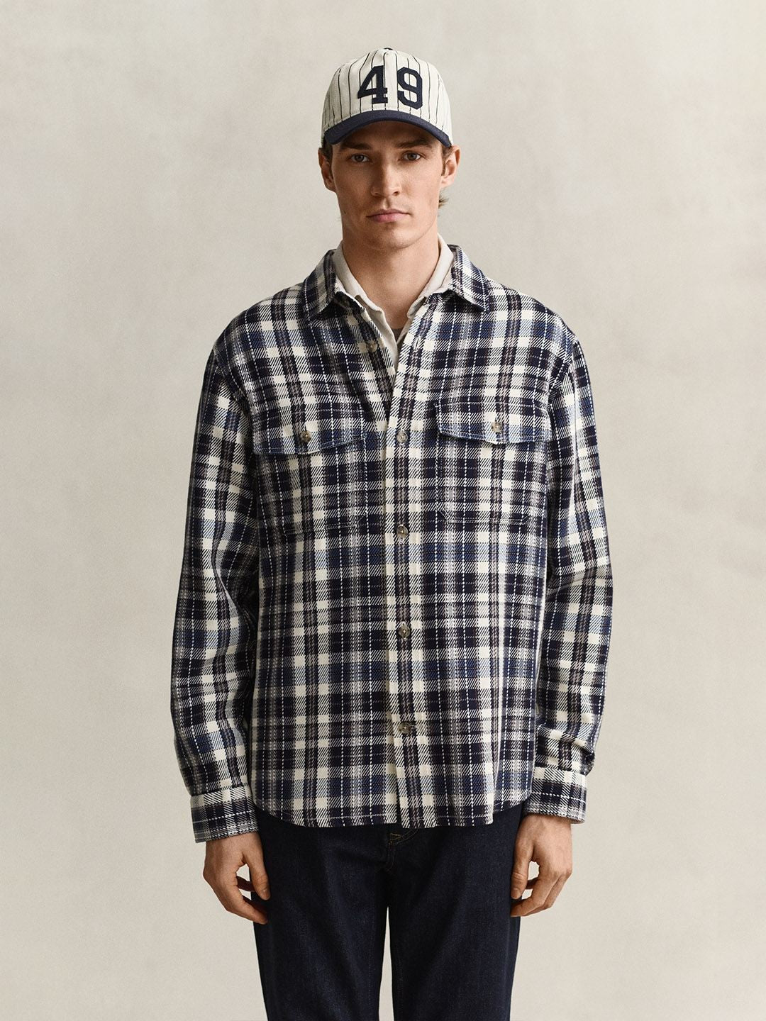 GANT Men Navy Blue Checked Regular Fit Twill Shirt
