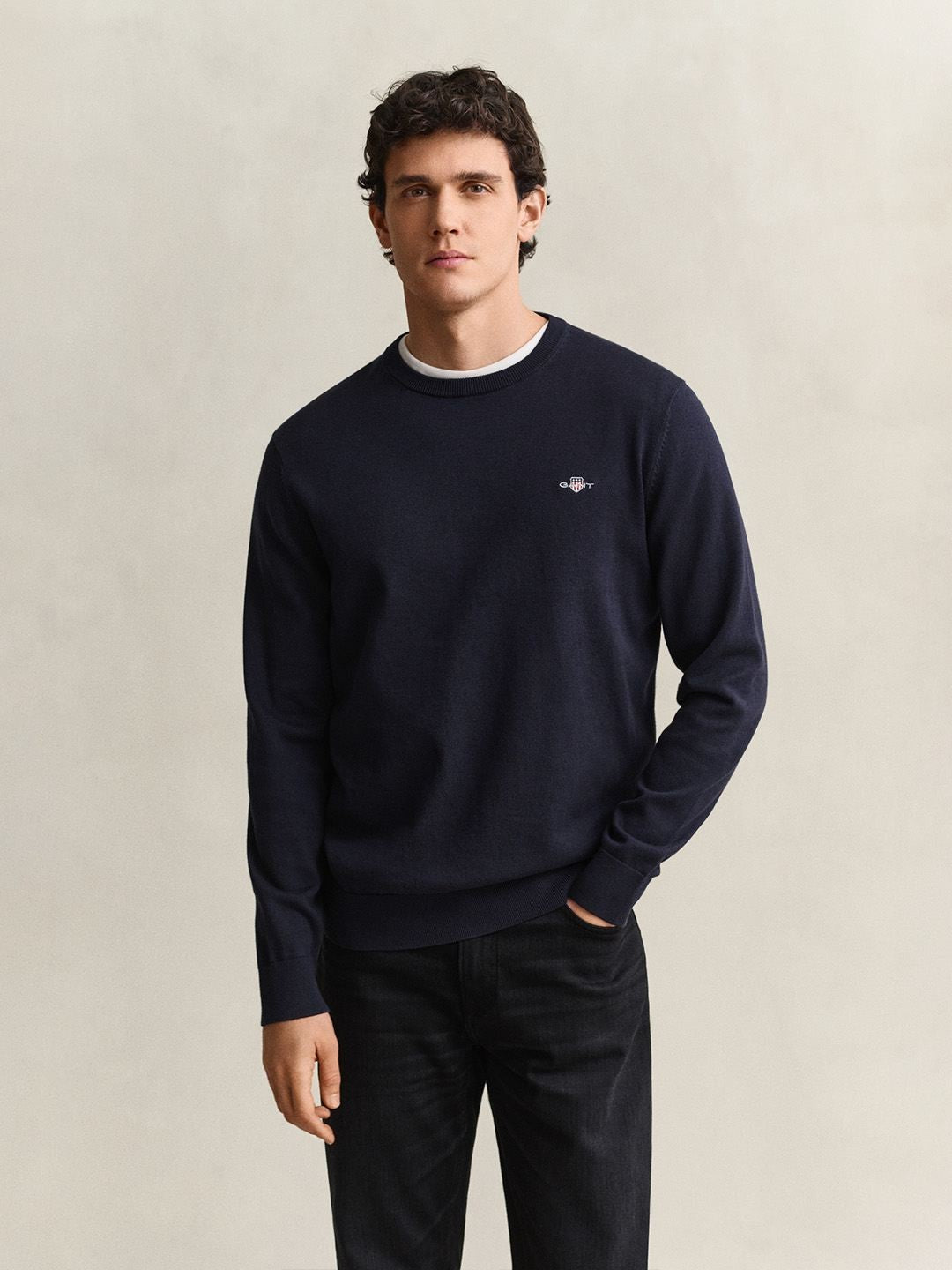 Gant Men Navy Blue Solid Regular Fit Pure Cotton Sweater