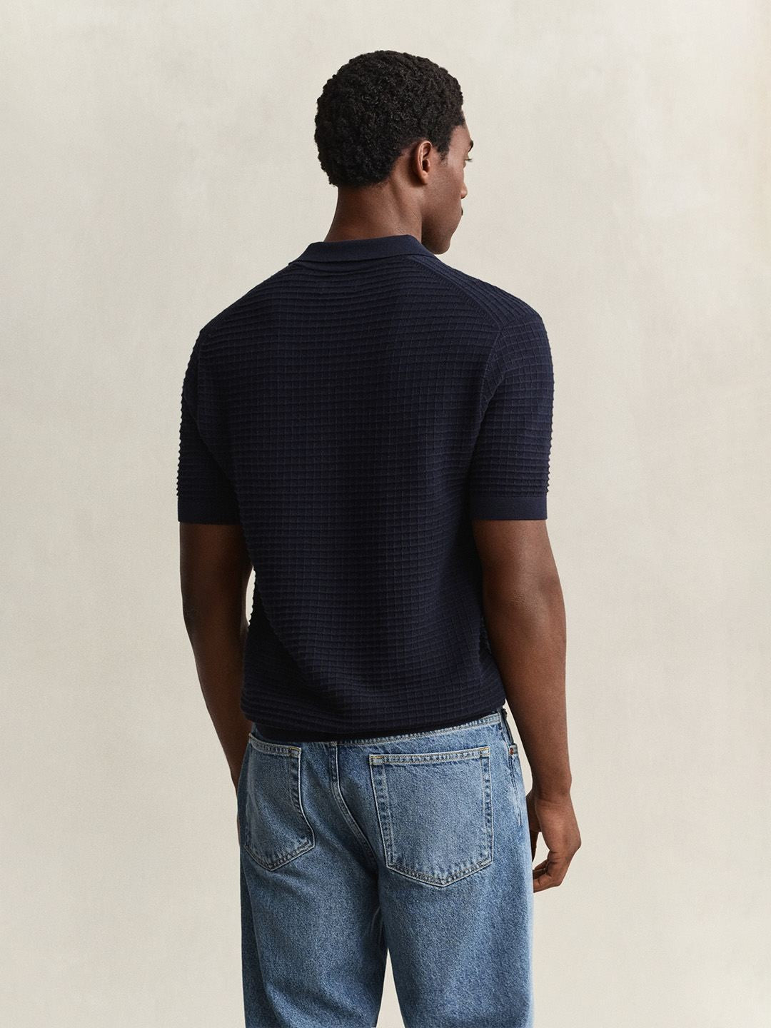 Gant Men Navy Blue Solid Regular Fit Pure Cotton Polo Sweater