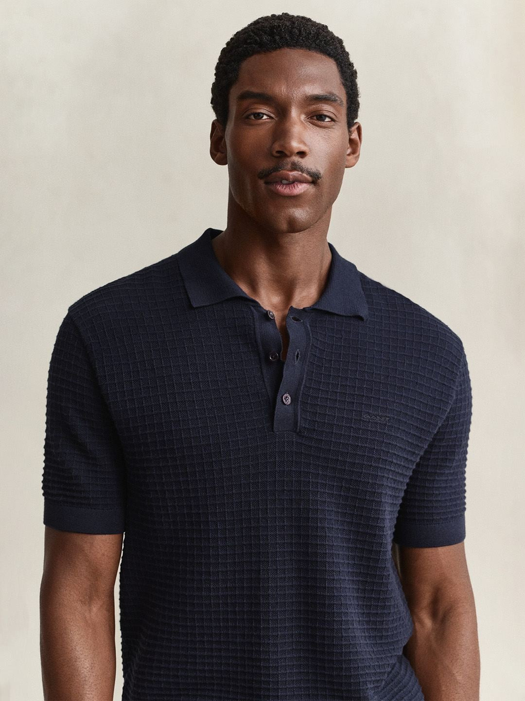 Gant Men Navy Blue Solid Regular Fit Pure Cotton Polo Sweater
