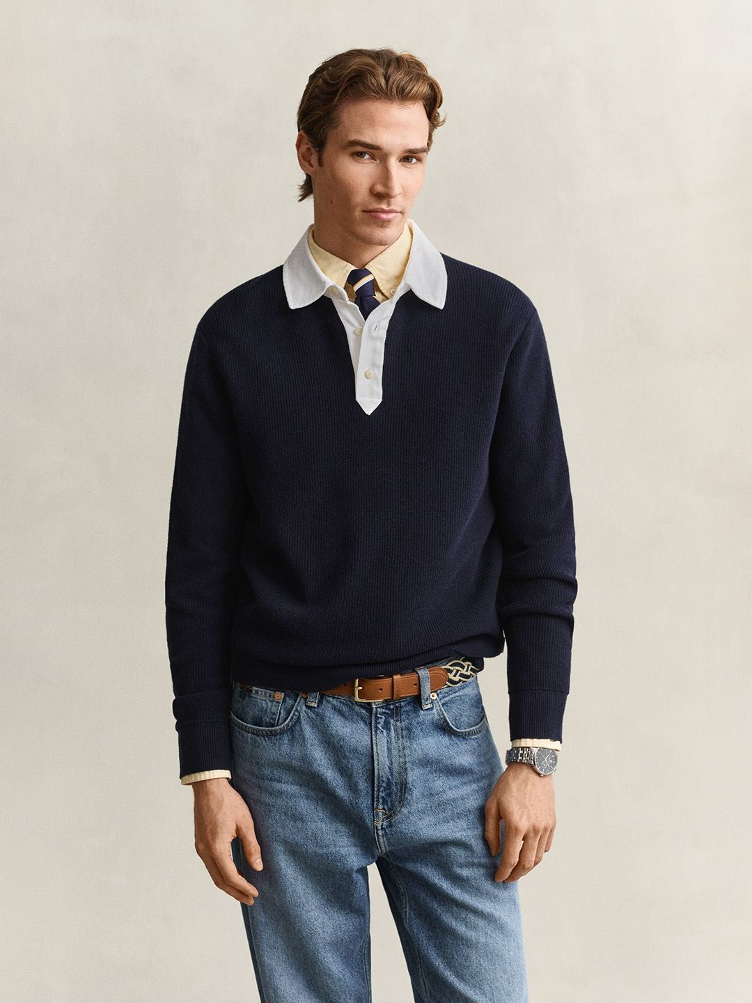 Gant Men Navy Blue Solid Regular Fit Sweater